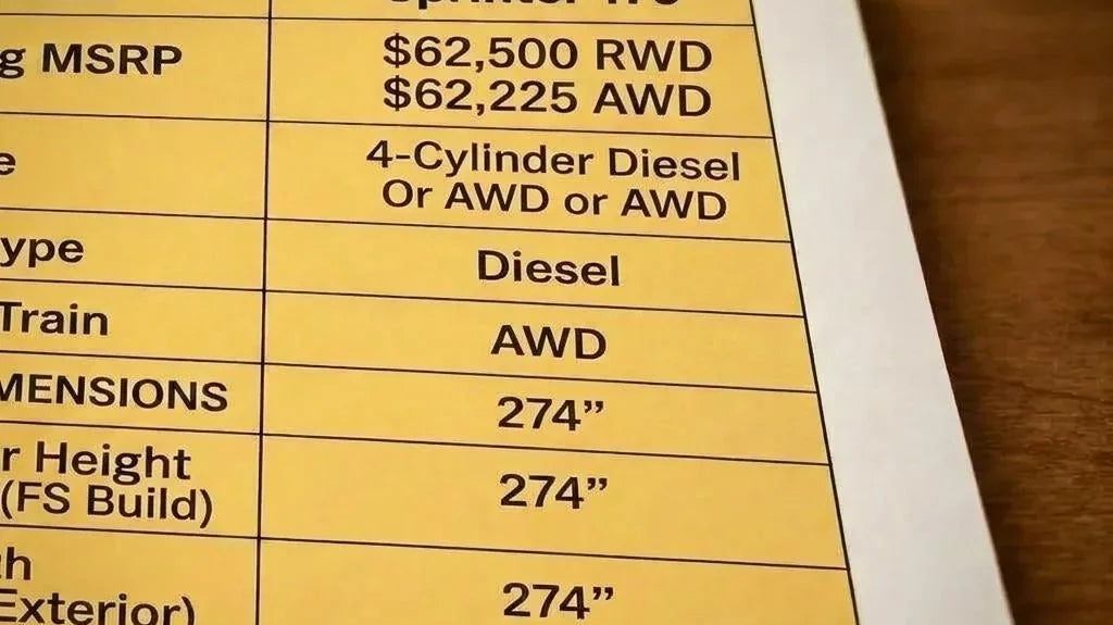 4x4 sprinter conversion cost - The image shows a printed specification sheet for a Sprinter 170" camper van bas