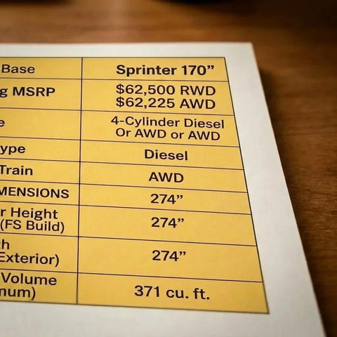 4x4 sprinter conversion cost - The image shows a printed specification sheet for a Sprinter 170" camper van bas