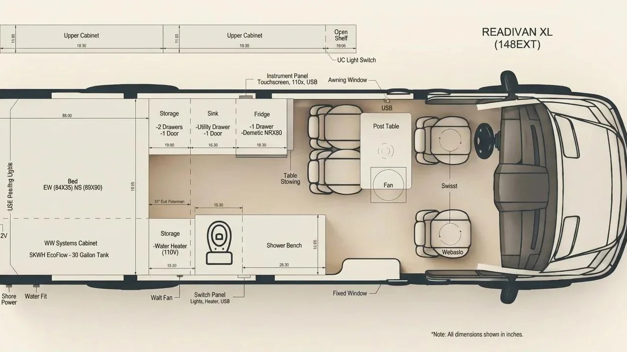 buying a camper van - The most prominent feature in this Readivan XL camper van floor plan is the spac