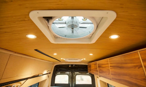 camper ceiling fan - Ceiling ventilation fan installed inside camper van roof