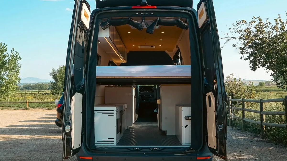 Camper Van Height Clearance - A high-roof Vansmith Sprinter camper van with its rear doors open