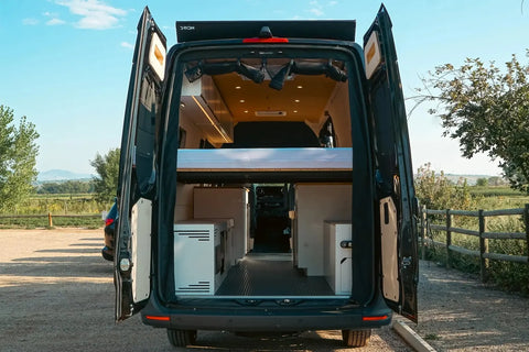 Camper Van Height Clearance - A high-roof Vansmith Sprinter camper van with its rear doors open