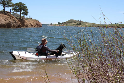 dog friendly beaches near me - The prominent feature of this scene is a person kayaking on a lake with a black