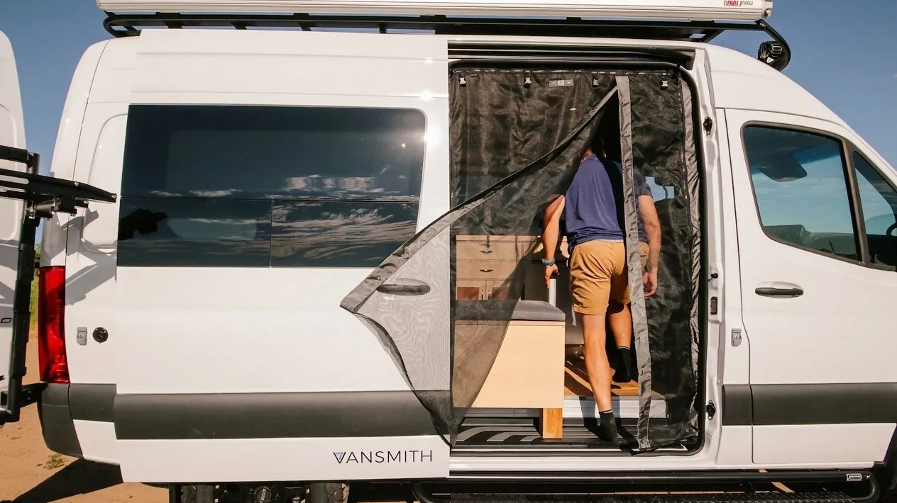 hippie van - The prominent feature in this photo is the camper van's large sliding side door,