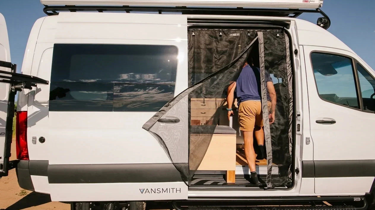 hippie van - The prominent feature in this photo is the camper van's large sliding side door,