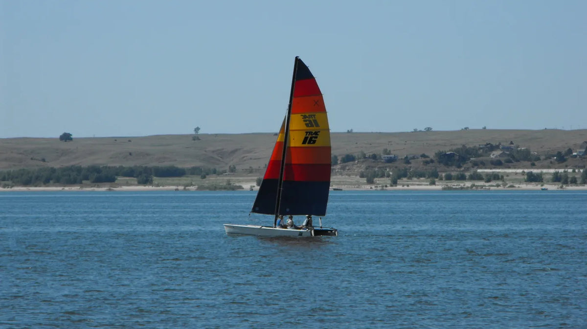 Lake McConaughy - A catamaran sailing on the open water of Lake McConaughy, Nebraska