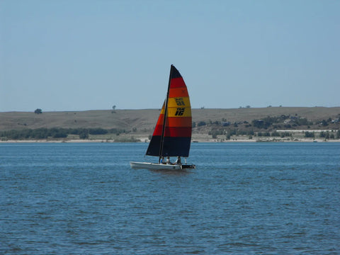 Lake McConaughy - A catamaran sailing on the open water of Lake McConaughy, Nebraska