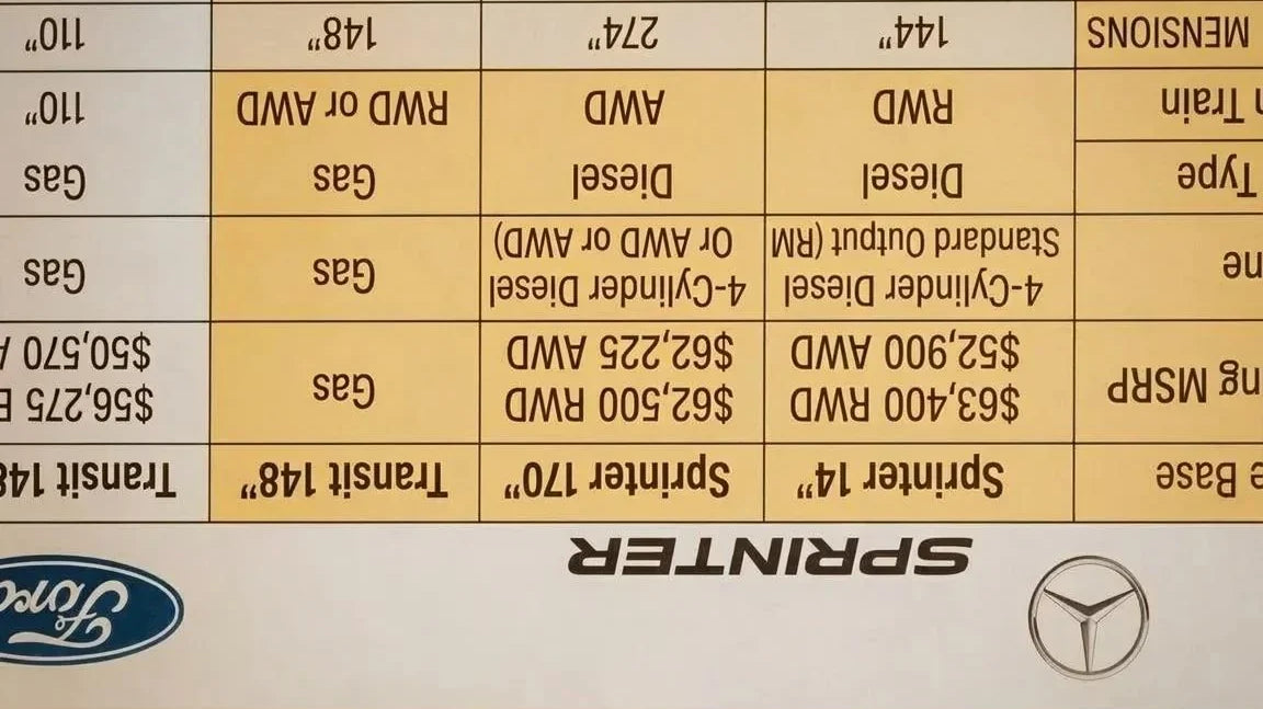ram promaster vs ford transit - This image shows a printed comparison chart for the Ford Transit and Mercedes Sp