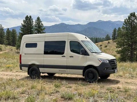 ski van setup - This photo shows a beige Mercedes-Benz Sprinter van converted by The Vansmith, p