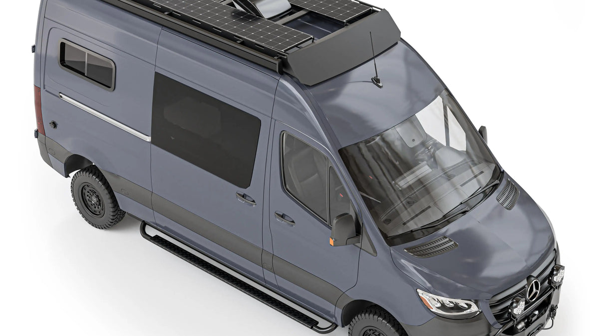 Small Van Weekender Mods - A gray Sprinter camper van with a roof rack