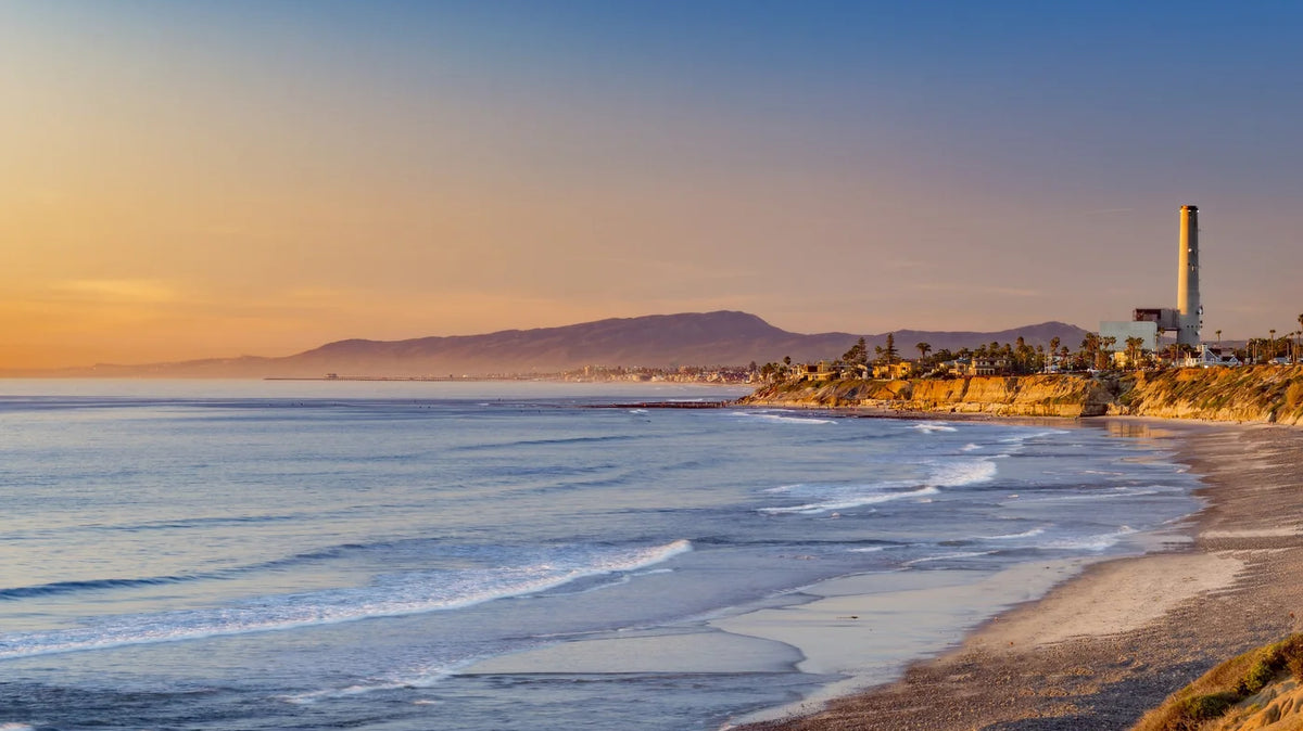 San Diego RV parks - The beach and bluffs at South Carlsbad State Beach campground at sunset