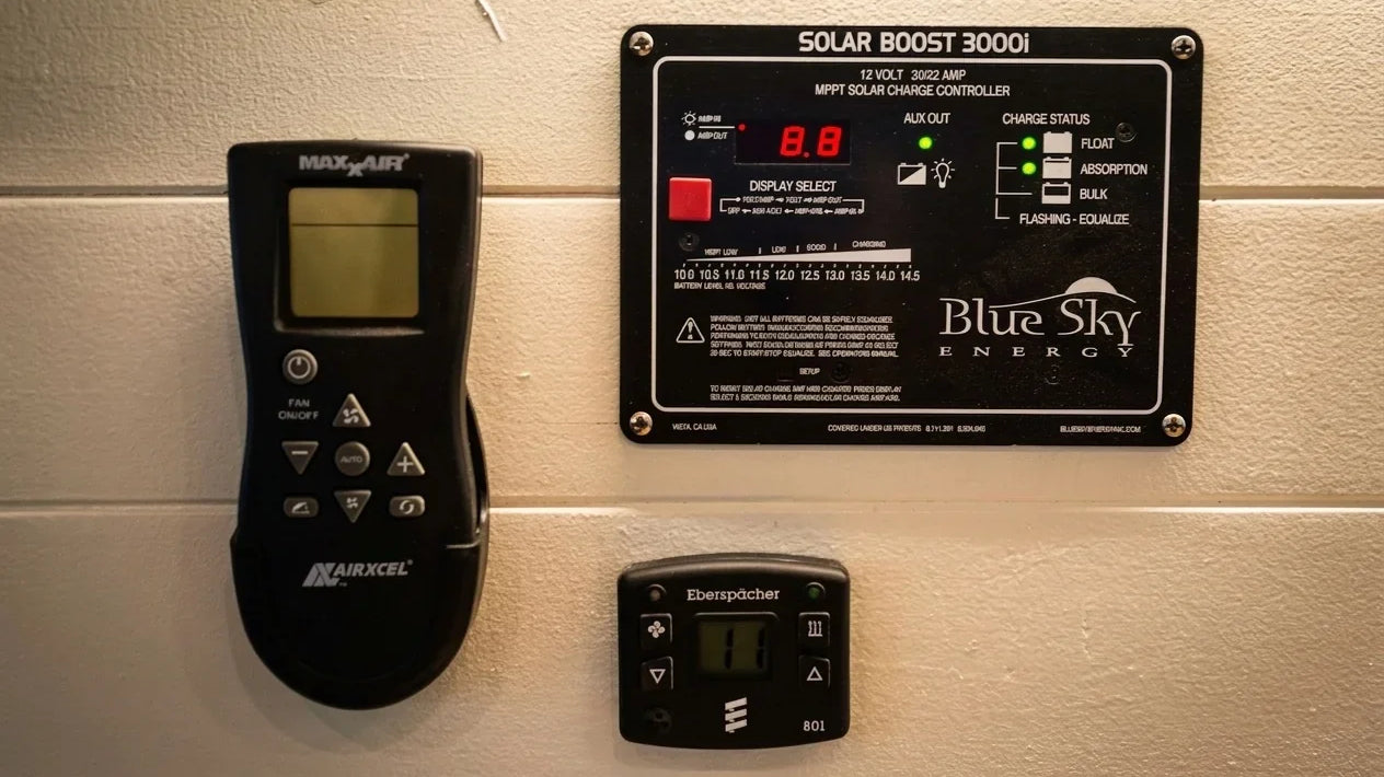 sprinter t1n maxxair fan - The most prominent feature in the photo is the solar charge controller, labeled