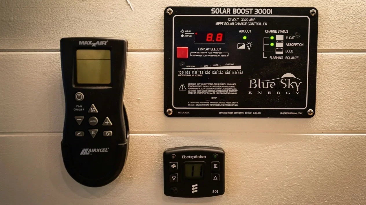 sprinter t1n maxxair fan - The most prominent feature in the photo is the solar charge controller, labeled