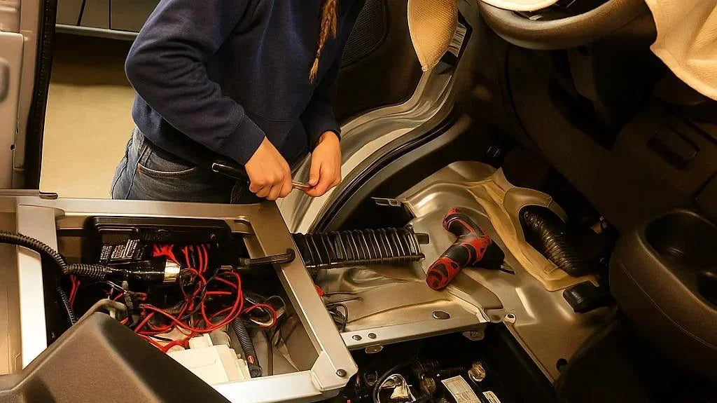 van conversion installs - The most prominent feature in the photo is the exposed electrical system and bat