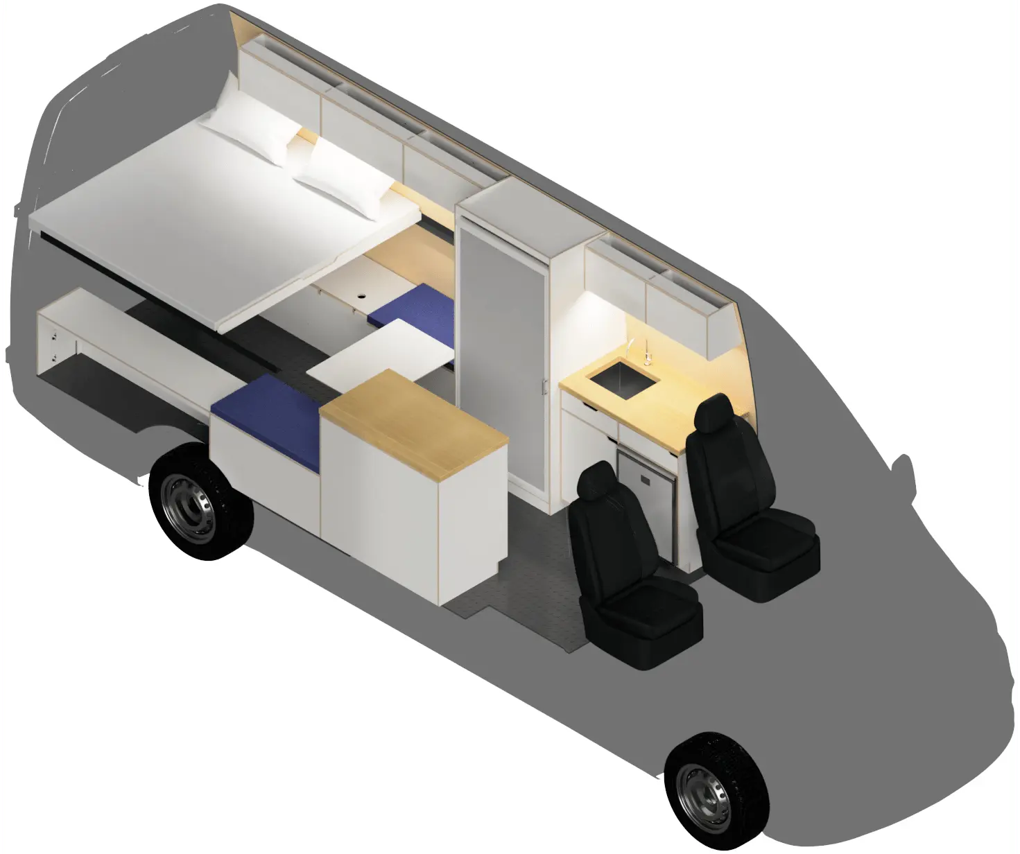 Layout of The Vansmith Duo XLS Sprinter 170 / Ford Transit 148 High Roof Extended Van Conversion with Shower