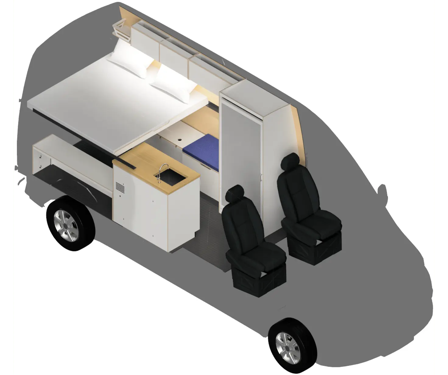 Layout of The Vansmith Duo S Ford Transit 148 / Sprinter 144 Van Conversion with Shower