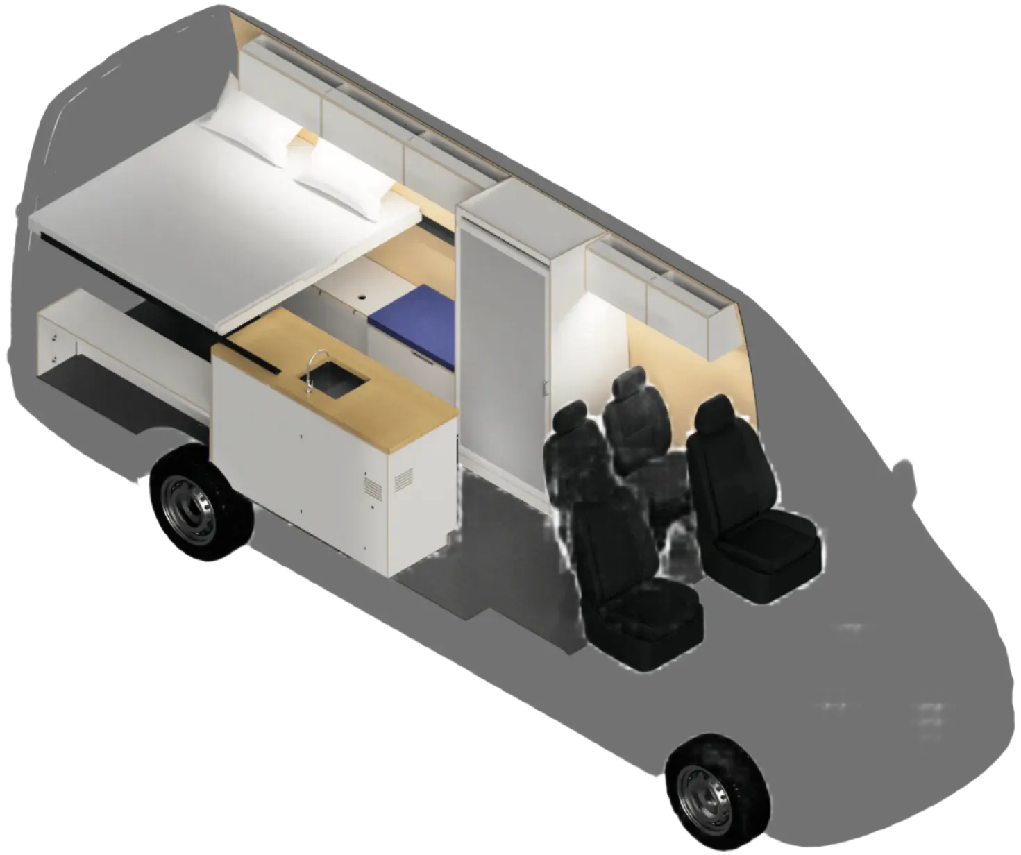 Layout of The Vansmith Family XLS Sprinter 170 / Ford Transit 148 High Roof Extended Van Conversion with Shower