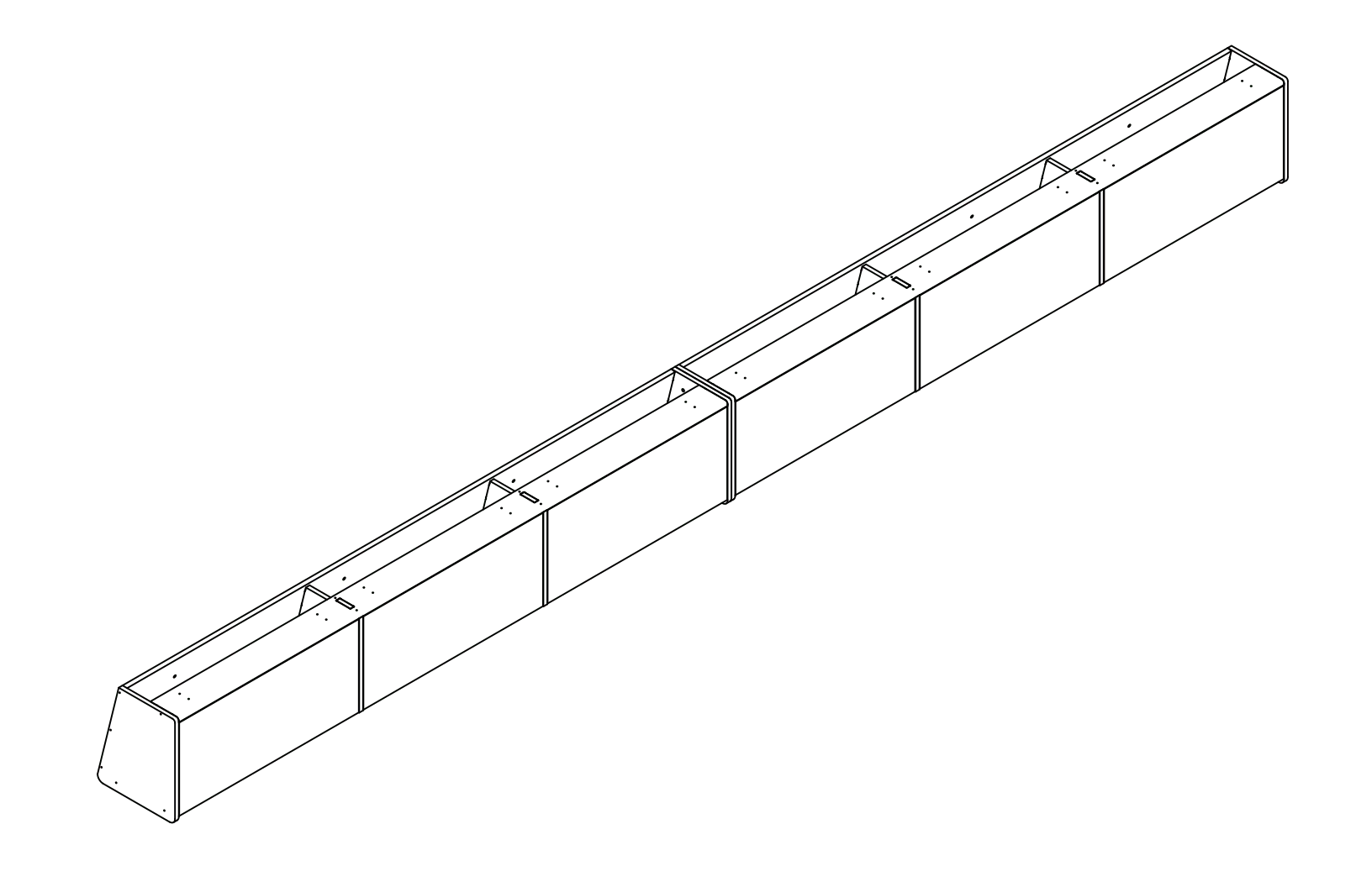 Isometric line drawing of a long, rectangular, segmented metal beam—like those used in The Vansmith DIY Full Length upper cabinet for Sprinter 170—with supporting plates and bolt holes, viewed from above and the side.