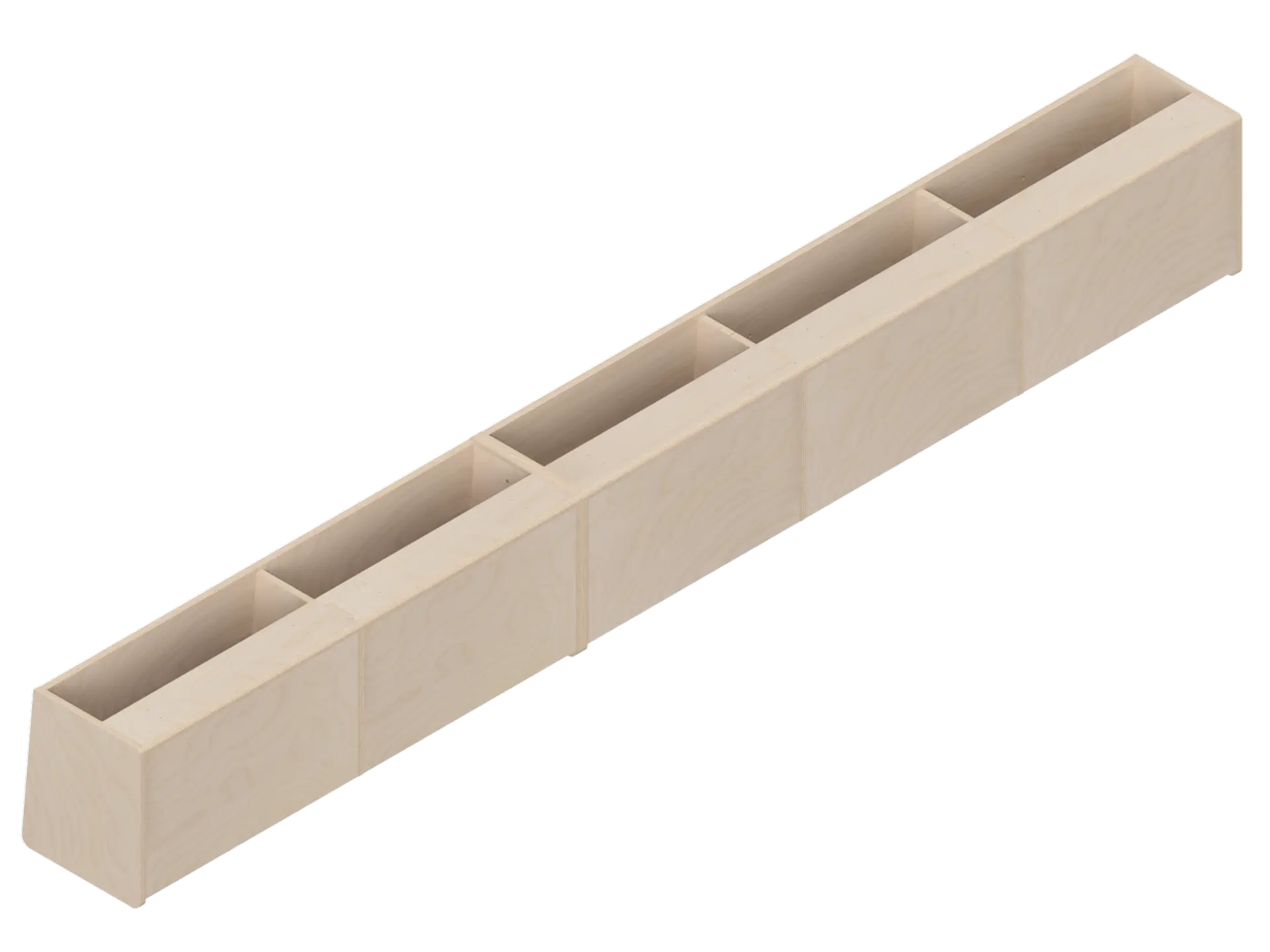 Isometric line drawing of The Vansmith DIY Full Length upper cabinet for Transit 148, showing a long rectangular Baltic Birch Plywood structure split into four open-topped sections with vertical dividers.