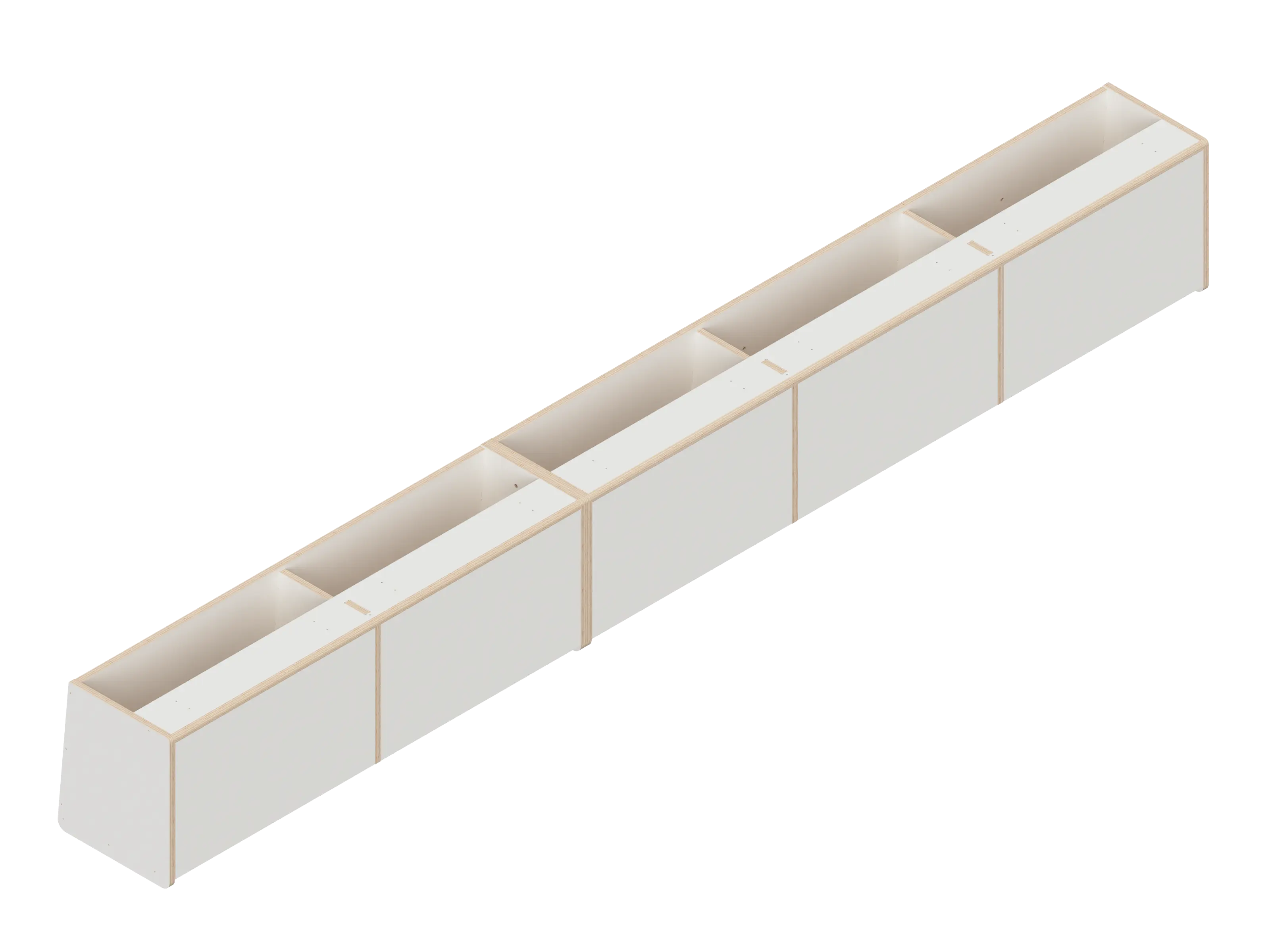 Isometric line drawing of The Vansmith DIY Full Length upper cabinet for Transit 148, showing a long rectangular Baltic Birch Plywood structure split into four open-topped sections with vertical dividers.