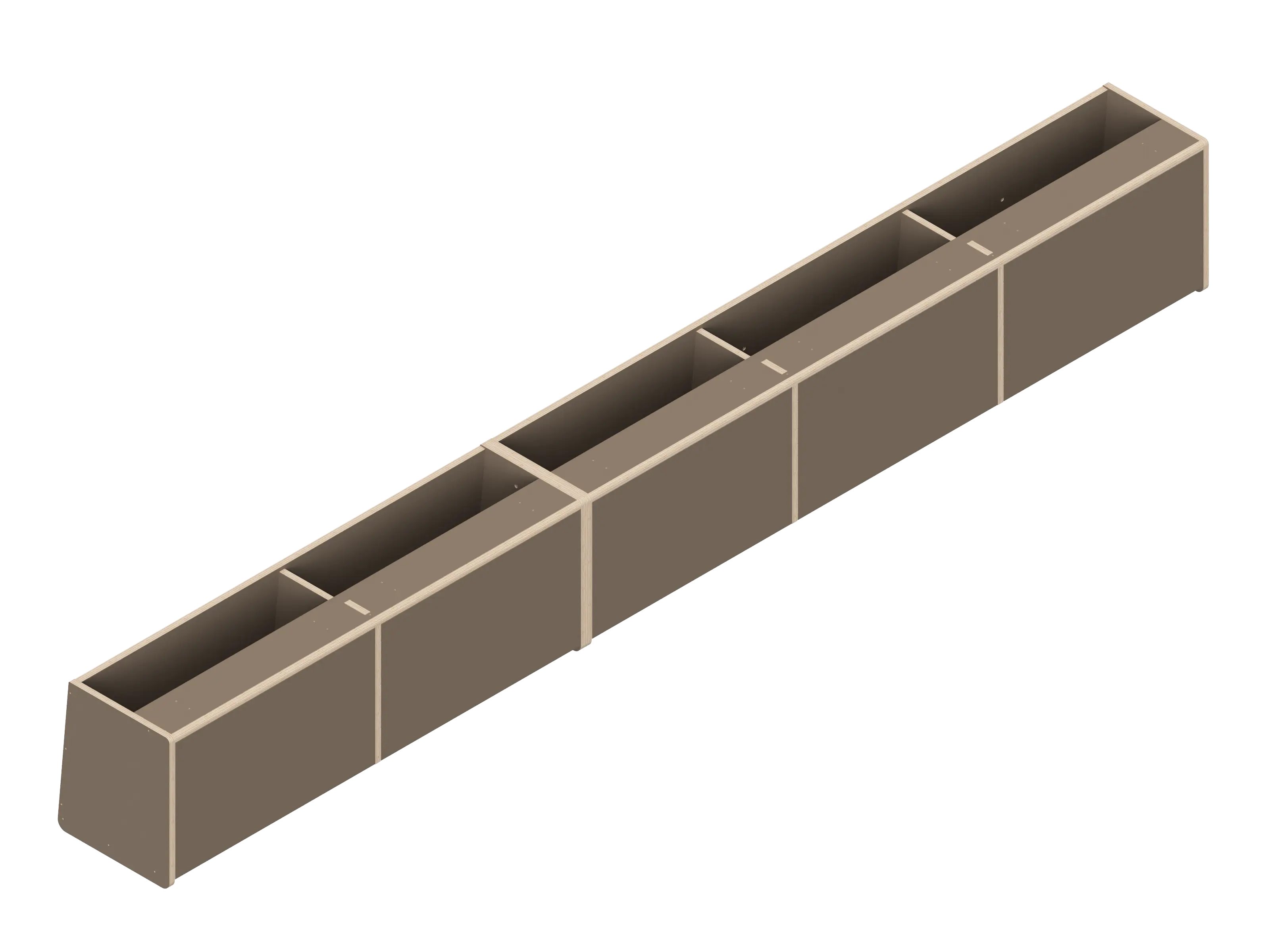 Isometric line drawing of The Vansmith DIY Full Length upper cabinet for Transit 148, showing a long rectangular Baltic Birch Plywood structure split into four open-topped sections with vertical dividers.