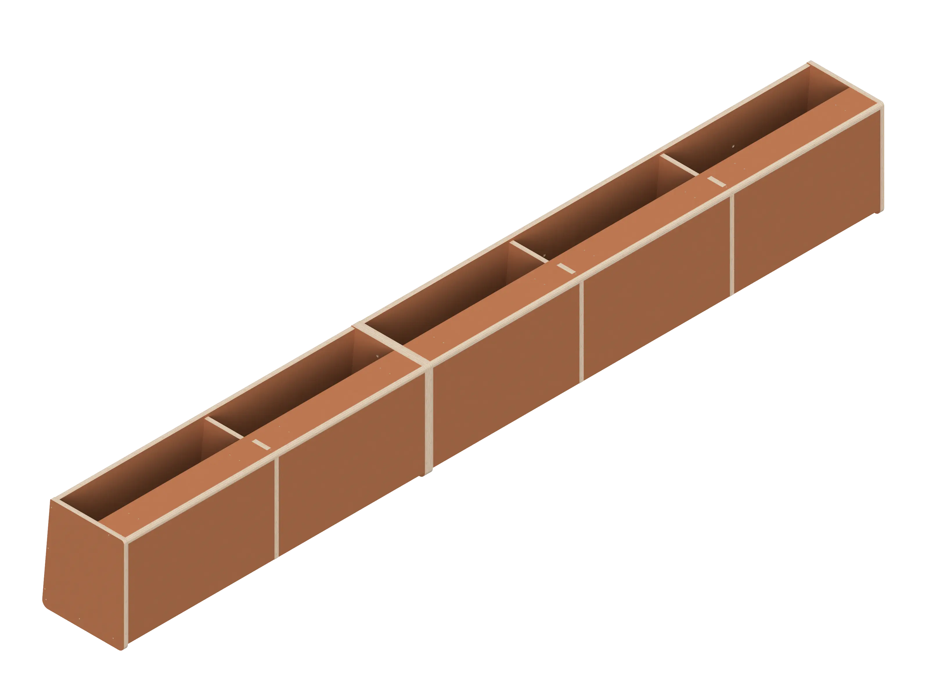Isometric line drawing of The Vansmith DIY Full Length upper cabinet for Transit 148, showing a long rectangular Baltic Birch Plywood structure split into four open-topped sections with vertical dividers.