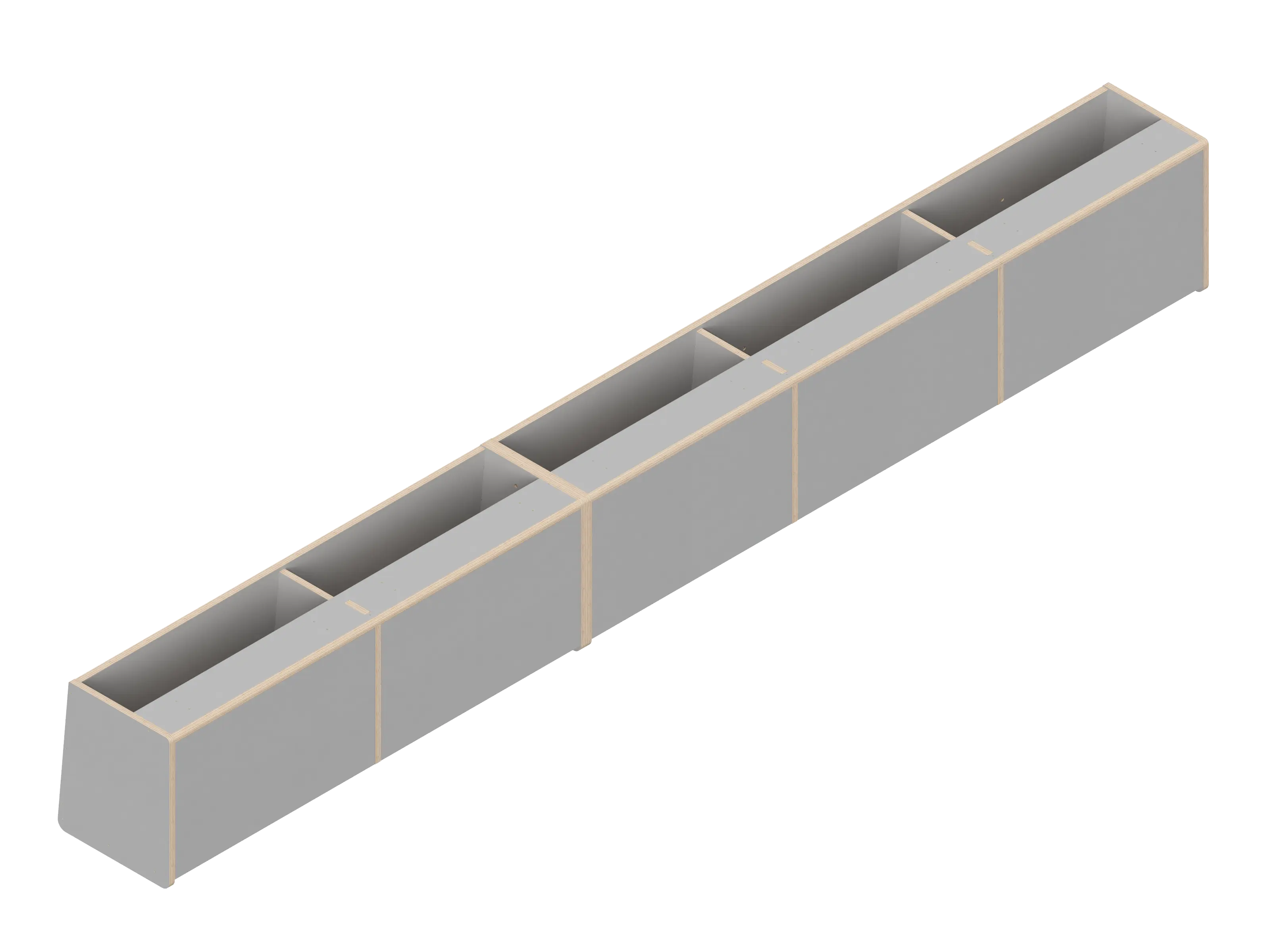 Isometric line drawing of The Vansmith DIY Full Length upper cabinet for Transit 148, showing a long rectangular Baltic Birch Plywood structure split into four open-topped sections with vertical dividers.
