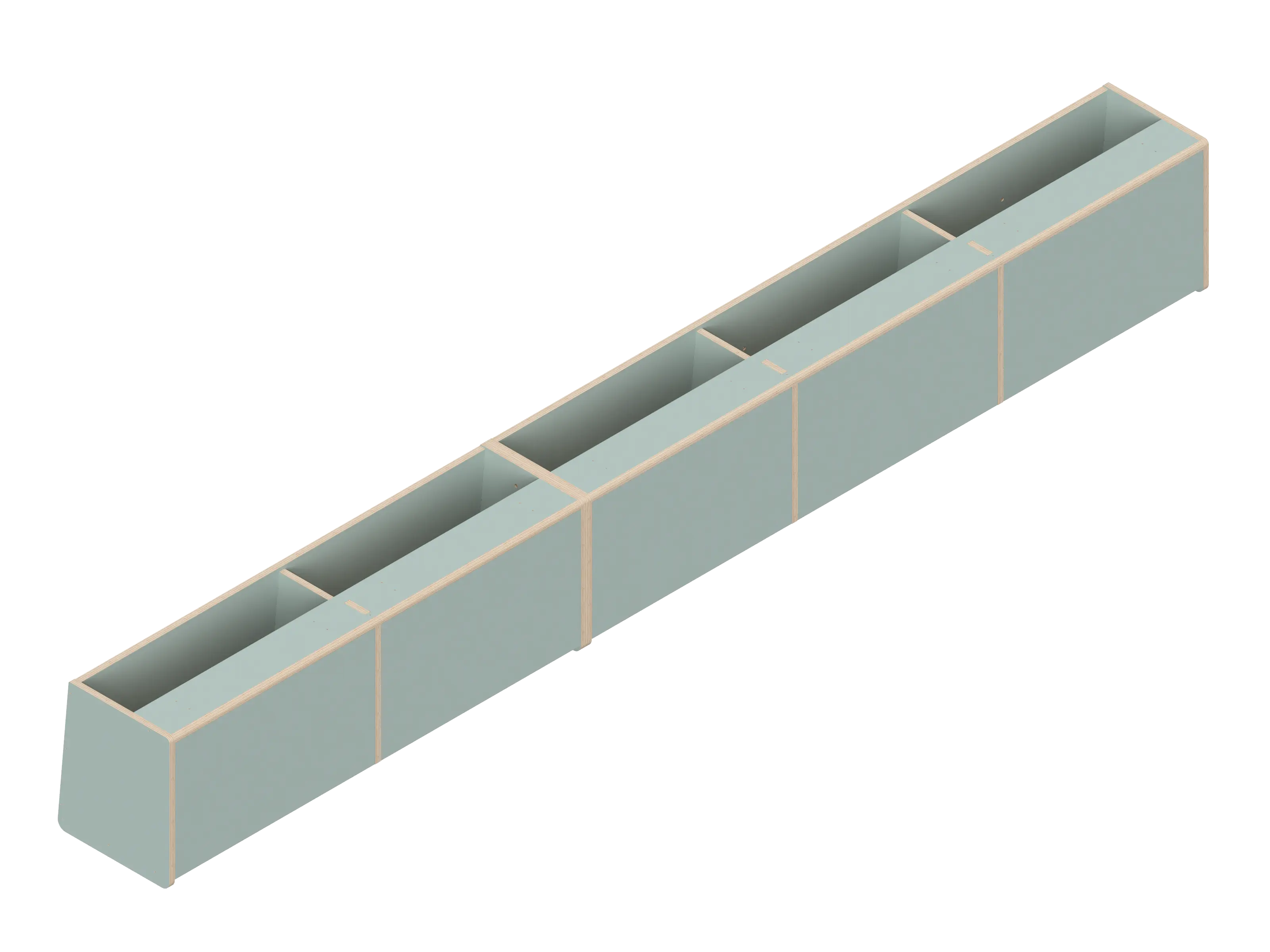 Isometric line drawing of The Vansmith DIY Full Length upper cabinet for Transit 148, showing a long rectangular Baltic Birch Plywood structure split into four open-topped sections with vertical dividers.
