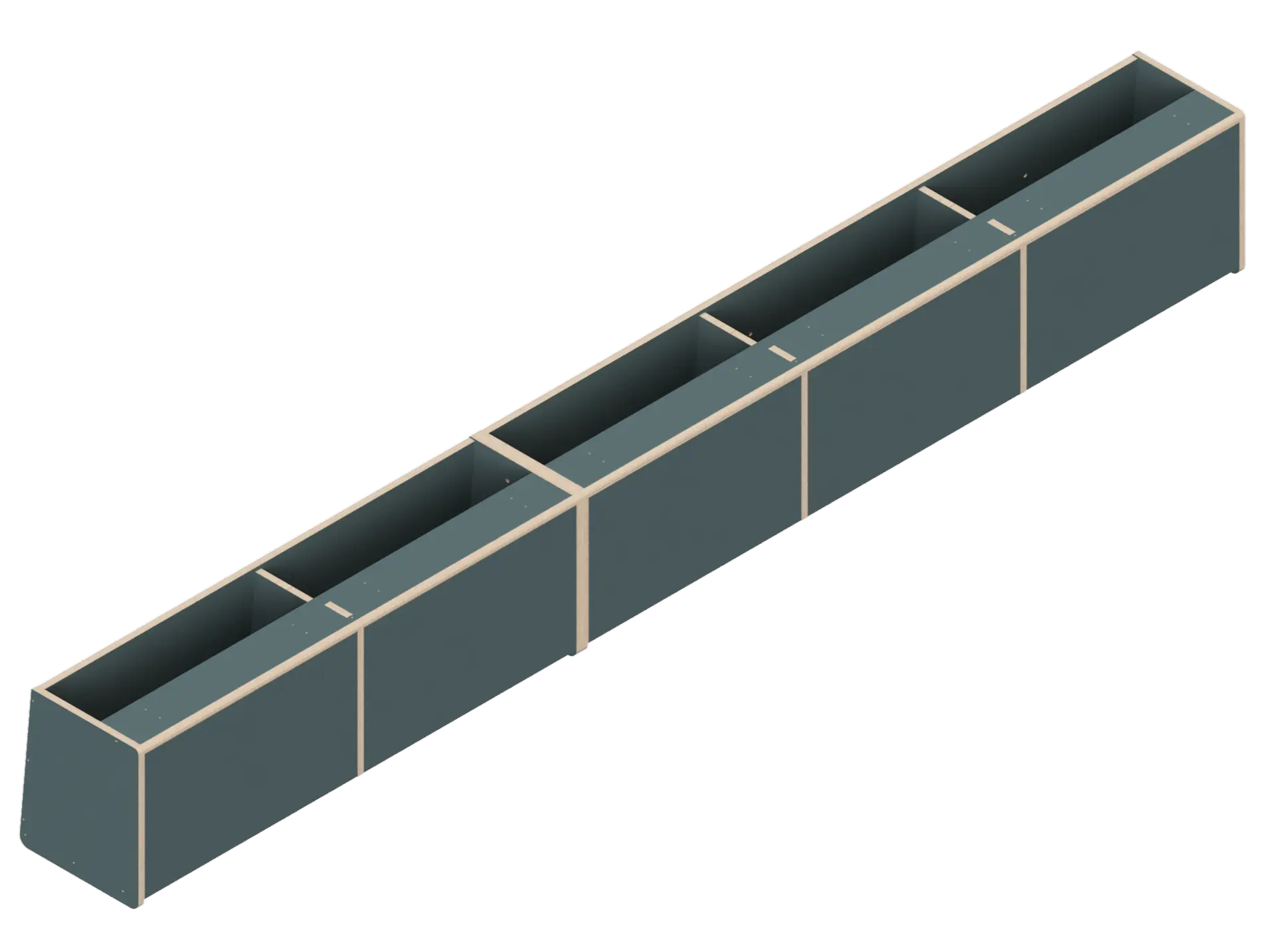 Isometric line drawing of The Vansmith DIY Full Length upper cabinet for Transit 148, showing a long rectangular Baltic Birch Plywood structure split into four open-topped sections with vertical dividers.