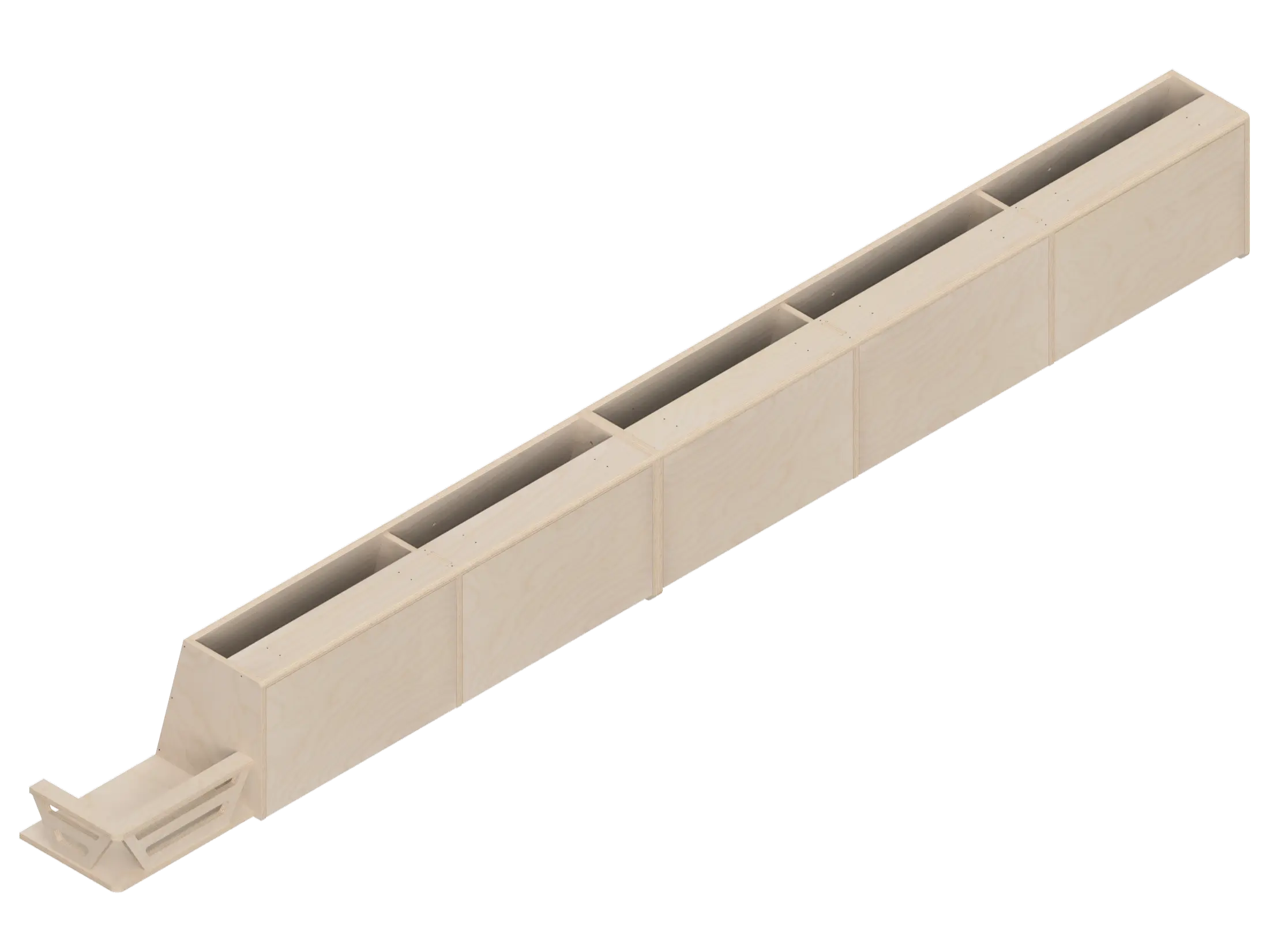 Isometric line drawing of the Full Length upper cabinet for Sprinter 144 by The Vansmith DIY—features a long, rectangular metal channel with reinforcing brackets, a flared slotted end, and is compatible with Baltic Birch Plywood panels.