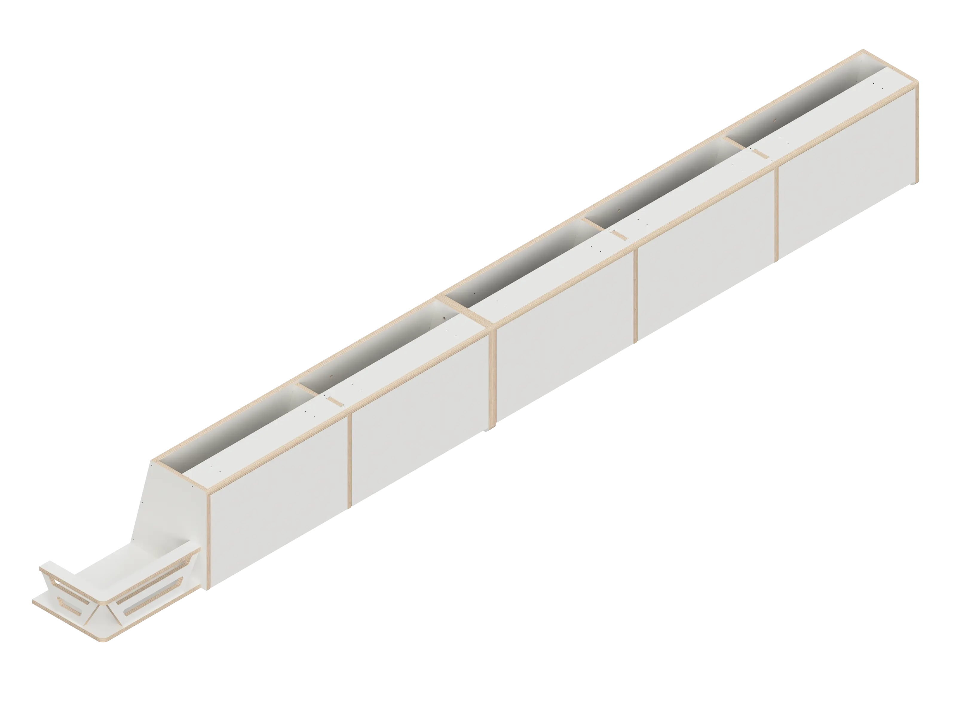 Isometric line drawing of the Full Length upper cabinet for Sprinter 144 by The Vansmith DIY—features a long, rectangular metal channel with reinforcing brackets, a flared slotted end, and is compatible with Baltic Birch Plywood panels.