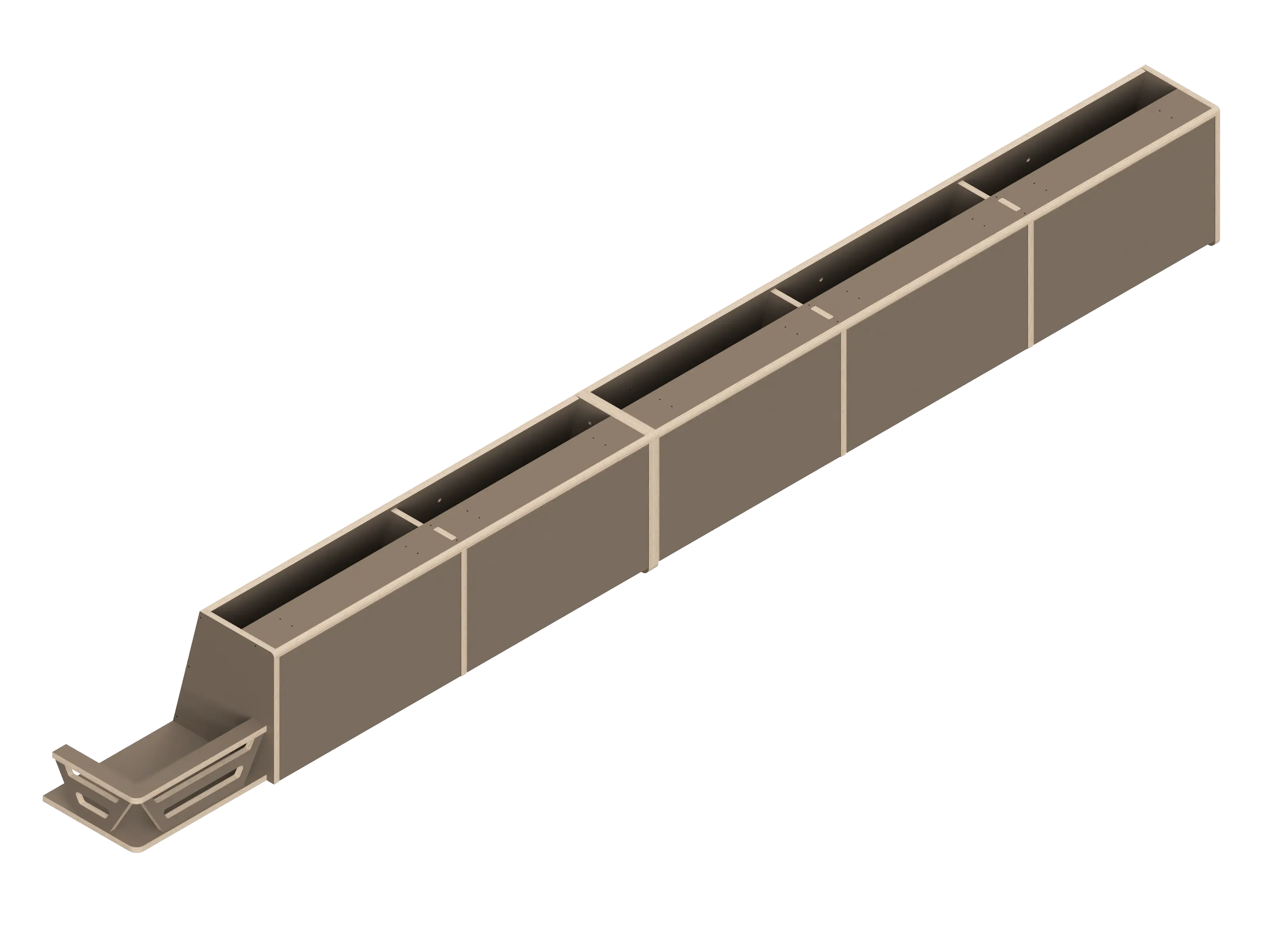 Isometric line drawing of the Full Length upper cabinet for Sprinter 144 by The Vansmith DIY—features a long, rectangular metal channel with reinforcing brackets, a flared slotted end, and is compatible with Baltic Birch Plywood panels.