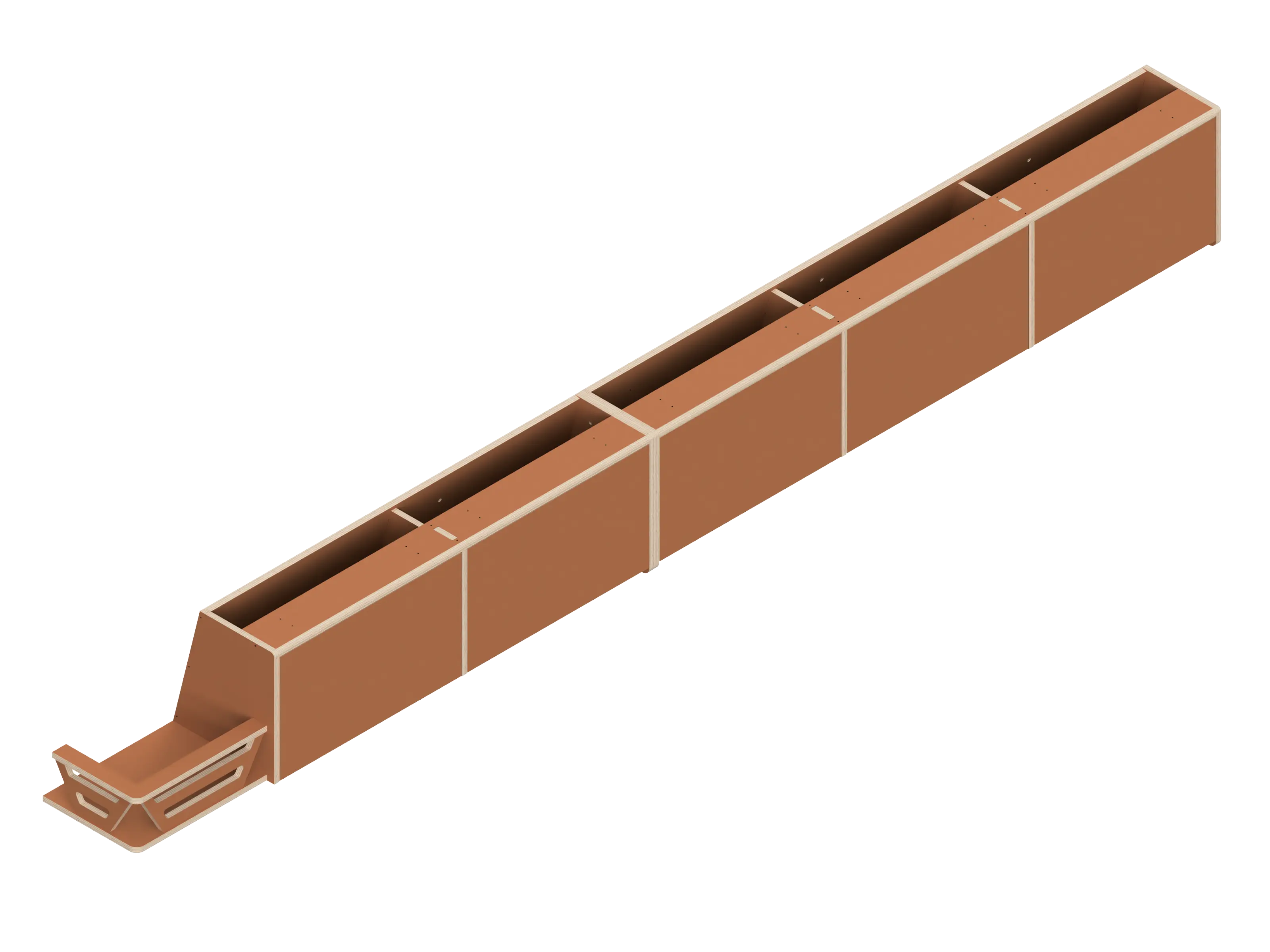 Isometric line drawing of the Full Length upper cabinet for Sprinter 144 by The Vansmith DIY—features a long, rectangular metal channel with reinforcing brackets, a flared slotted end, and is compatible with Baltic Birch Plywood panels.
