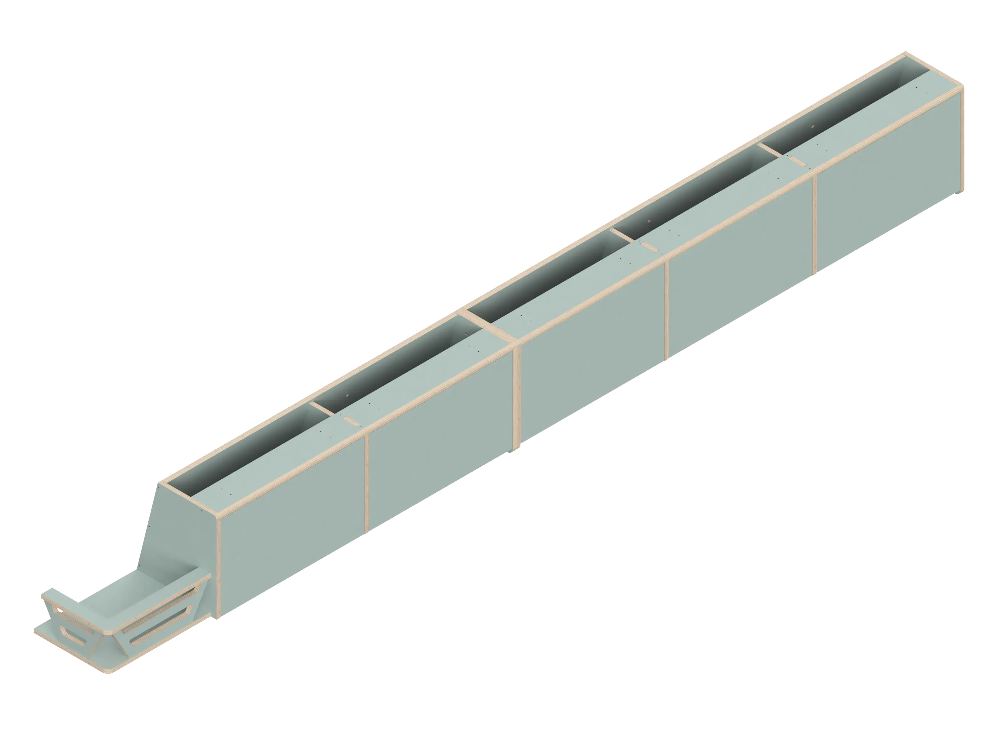 Isometric line drawing of the Full Length upper cabinet for Sprinter 144 by The Vansmith DIY—features a long, rectangular metal channel with reinforcing brackets, a flared slotted end, and is compatible with Baltic Birch Plywood panels.