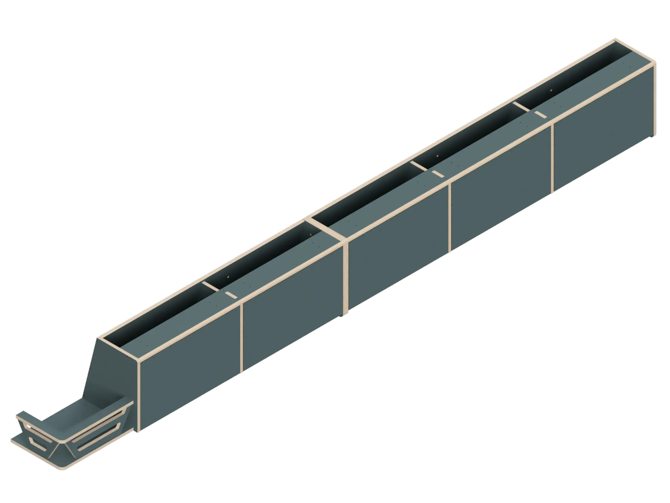 Isometric line drawing of the Full Length upper cabinet for Sprinter 144 by The Vansmith DIY—features a long, rectangular metal channel with reinforcing brackets, a flared slotted end, and is compatible with Baltic Birch Plywood panels.