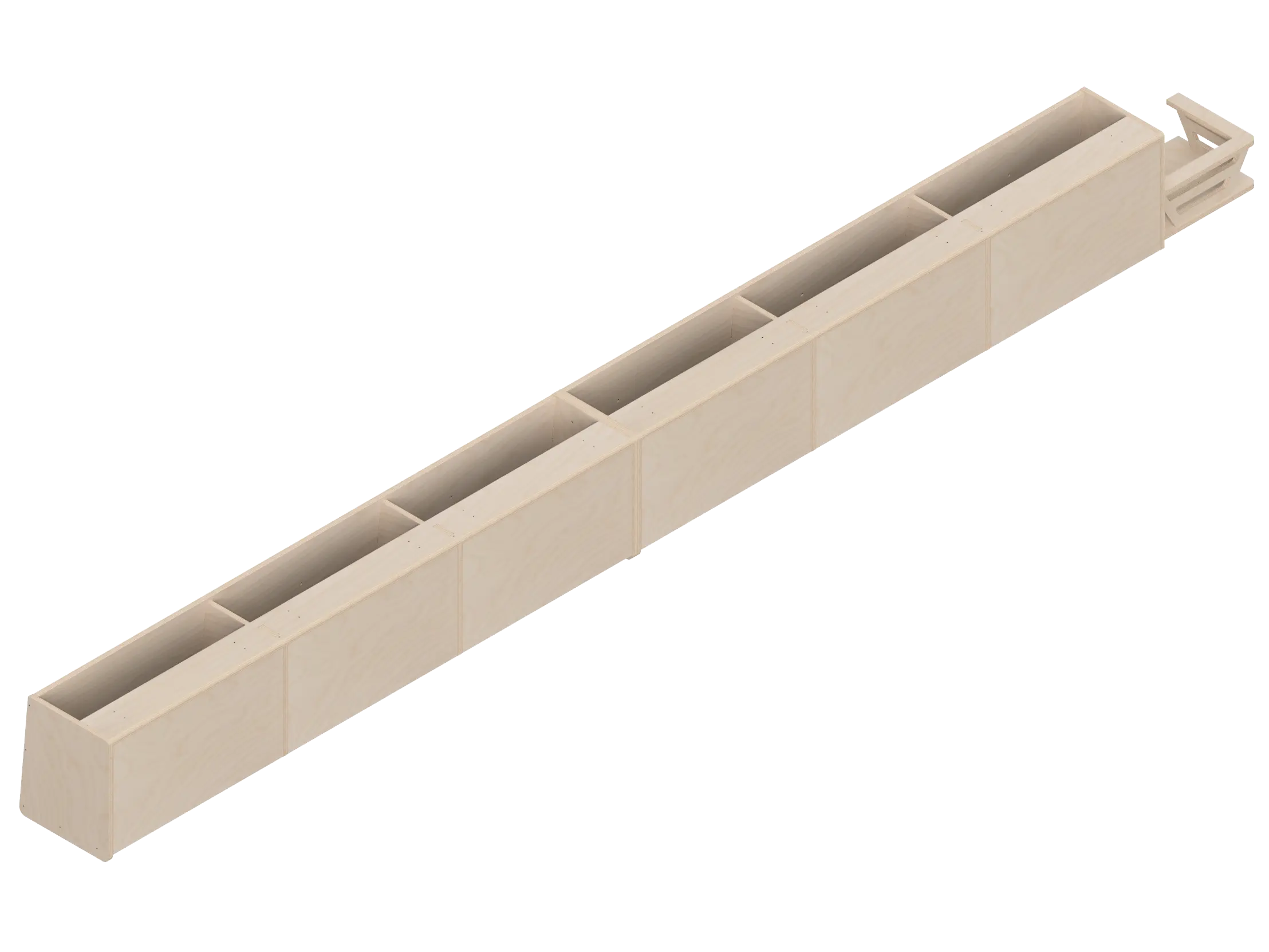 Isometric line drawing of The Vansmith DIY Full Length Upper Cabinet for Transit 148E: a rectangular Baltic Birch plywood unit with four open-top compartments, vertical dividers, and included mounting kit for easy assembly.