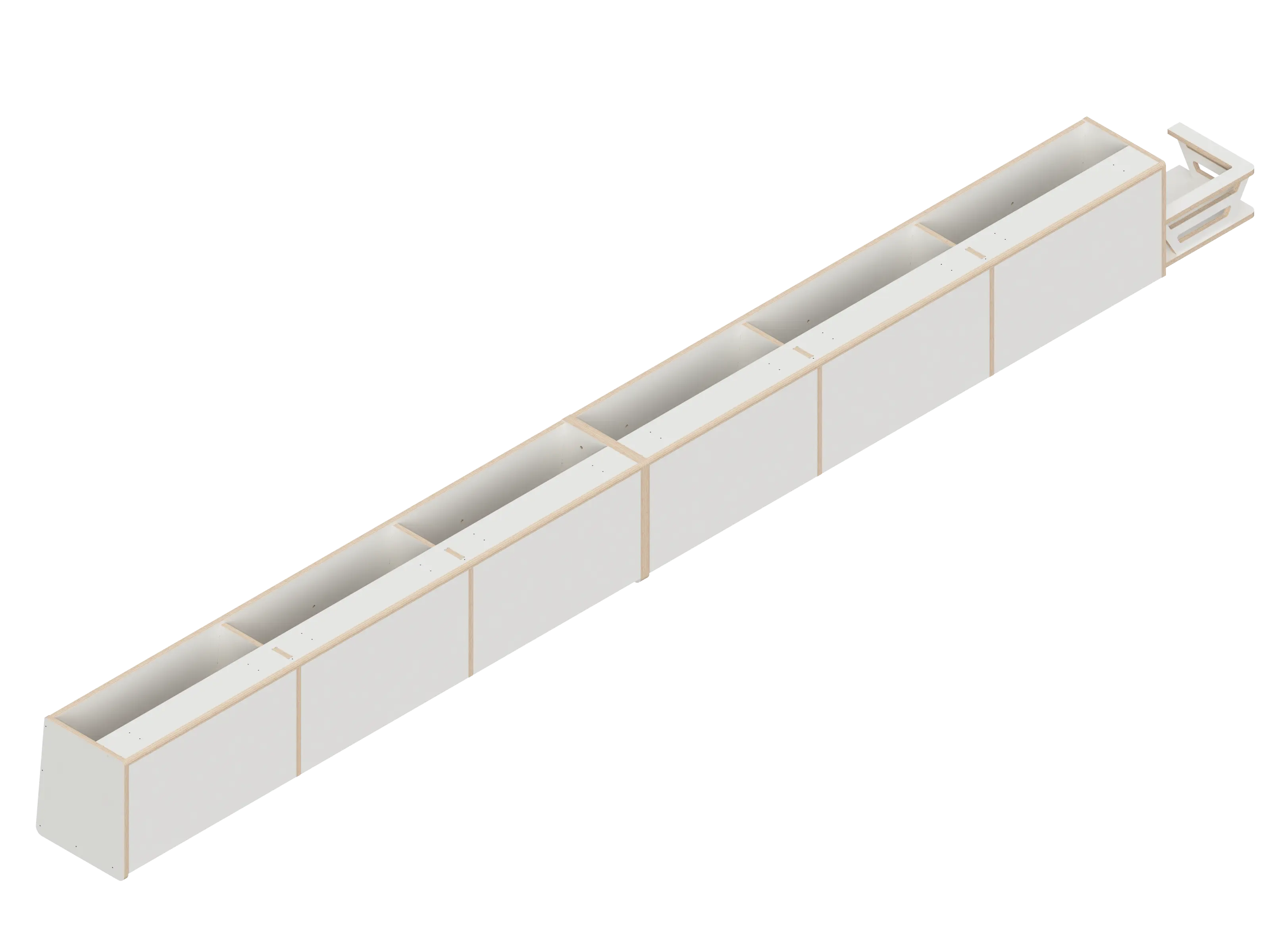 Isometric line drawing of The Vansmith DIY Full Length Upper Cabinet for Transit 148E: a rectangular Baltic Birch plywood unit with four open-top compartments, vertical dividers, and included mounting kit for easy assembly.