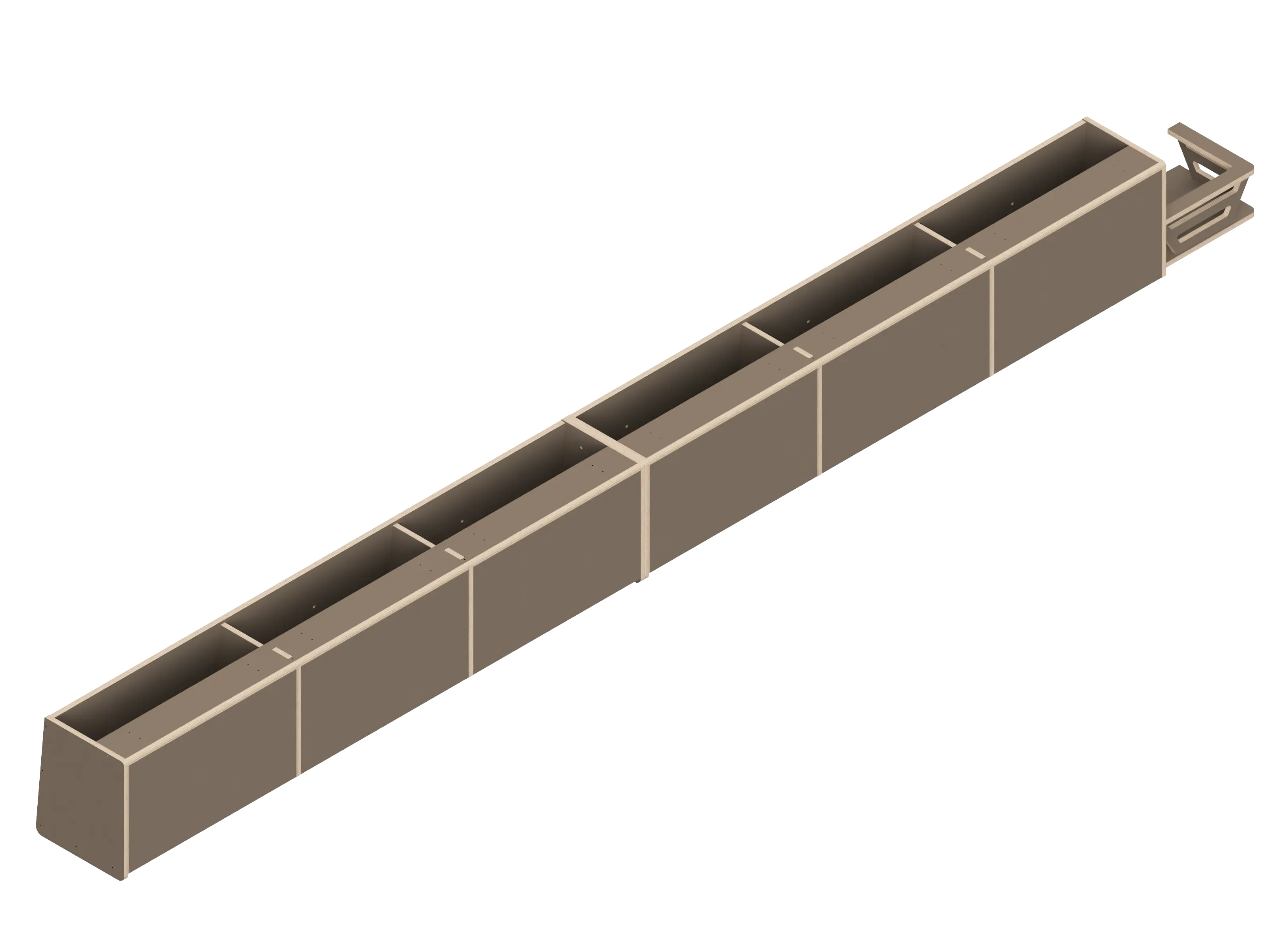 Isometric line drawing of The Vansmith DIY Full Length Upper Cabinet for Transit 148E: a rectangular Baltic Birch plywood unit with four open-top compartments, vertical dividers, and included mounting kit for easy assembly.