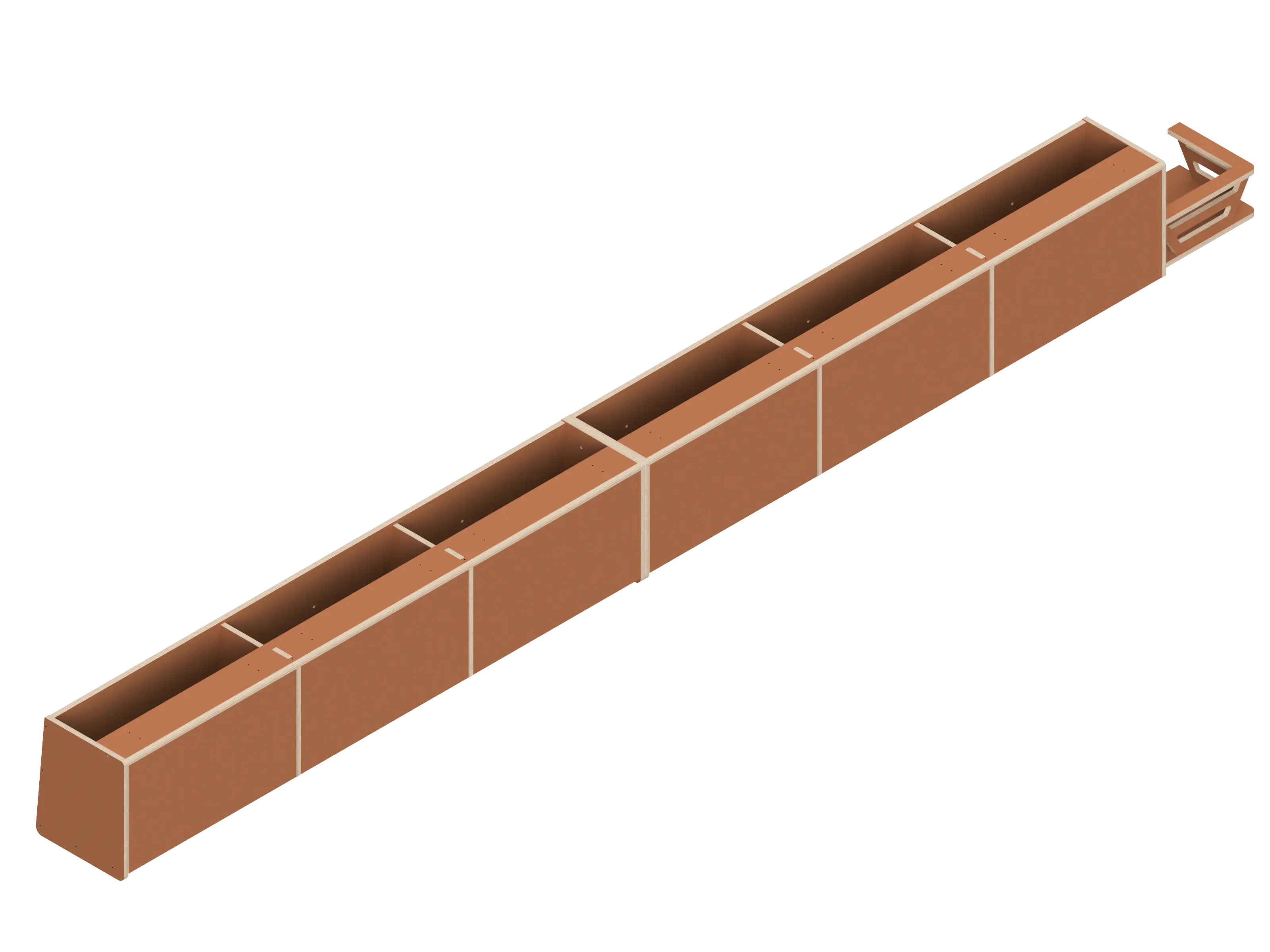 Isometric line drawing of The Vansmith DIY Full Length Upper Cabinet for Transit 148E: a rectangular Baltic Birch plywood unit with four open-top compartments, vertical dividers, and included mounting kit for easy assembly.