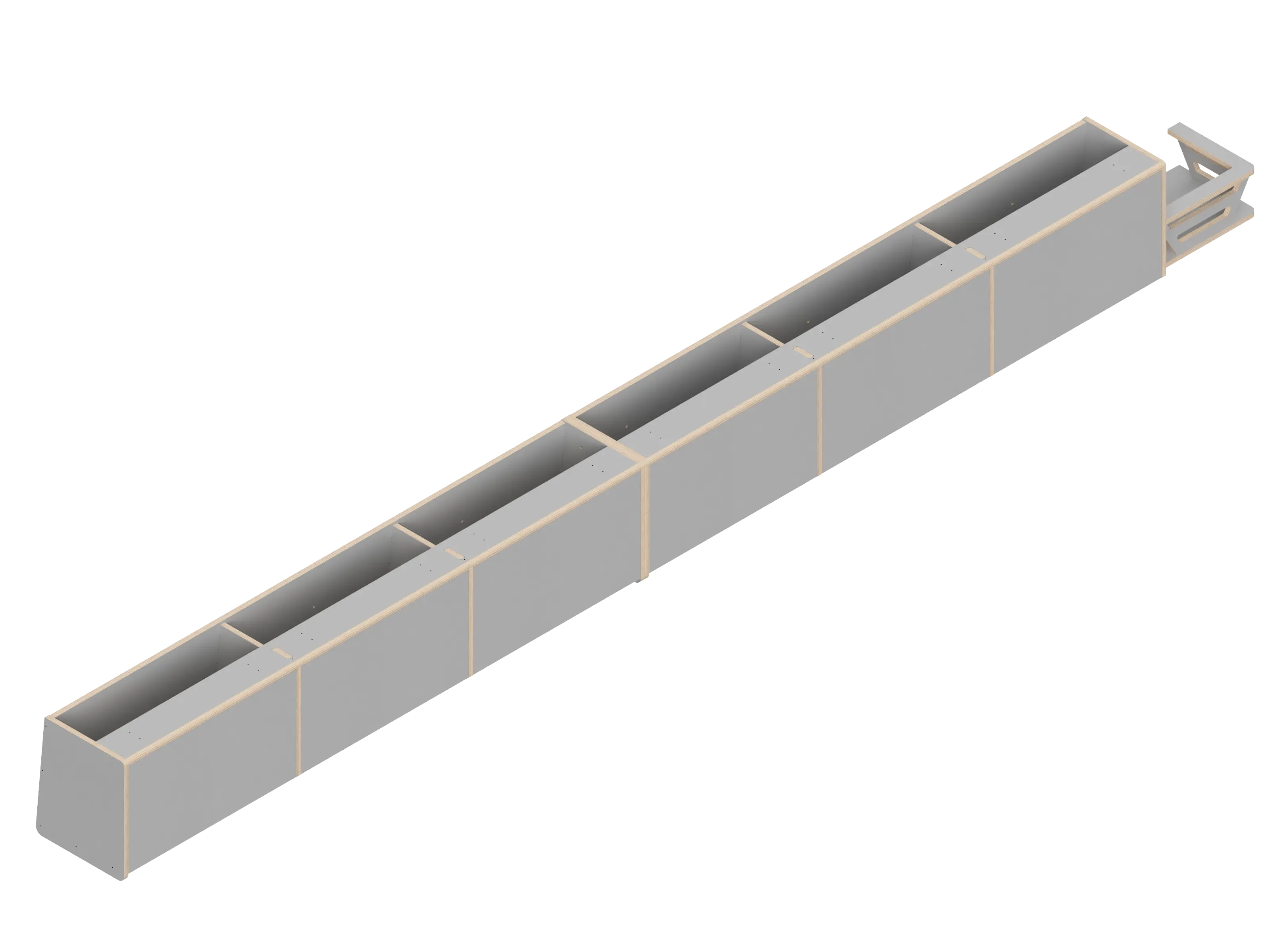 Isometric line drawing of The Vansmith DIY Full Length Upper Cabinet for Transit 148E: a rectangular Baltic Birch plywood unit with four open-top compartments, vertical dividers, and included mounting kit for easy assembly.
