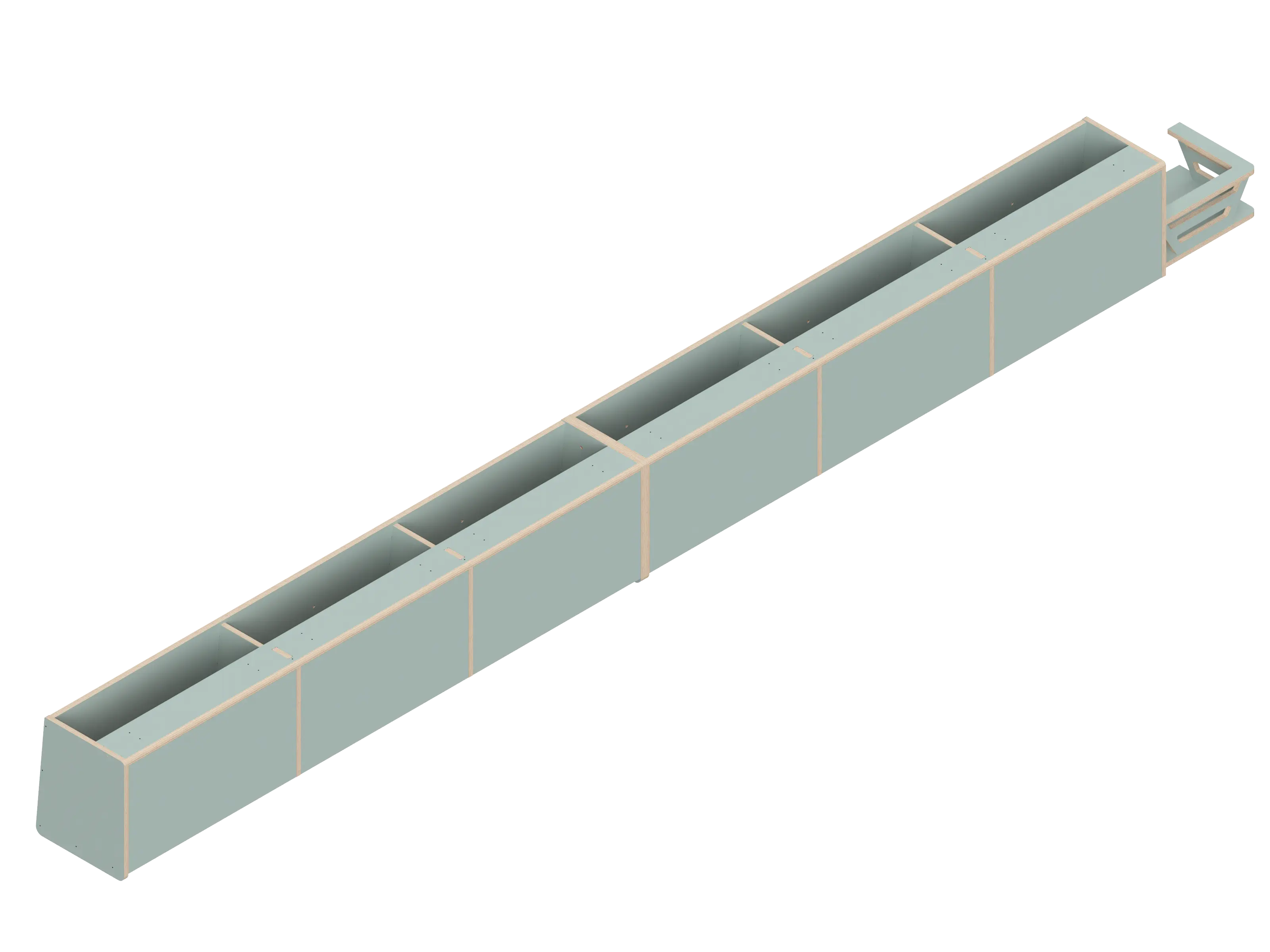 Isometric line drawing of The Vansmith DIY Full Length Upper Cabinet for Transit 148E: a rectangular Baltic Birch plywood unit with four open-top compartments, vertical dividers, and included mounting kit for easy assembly.