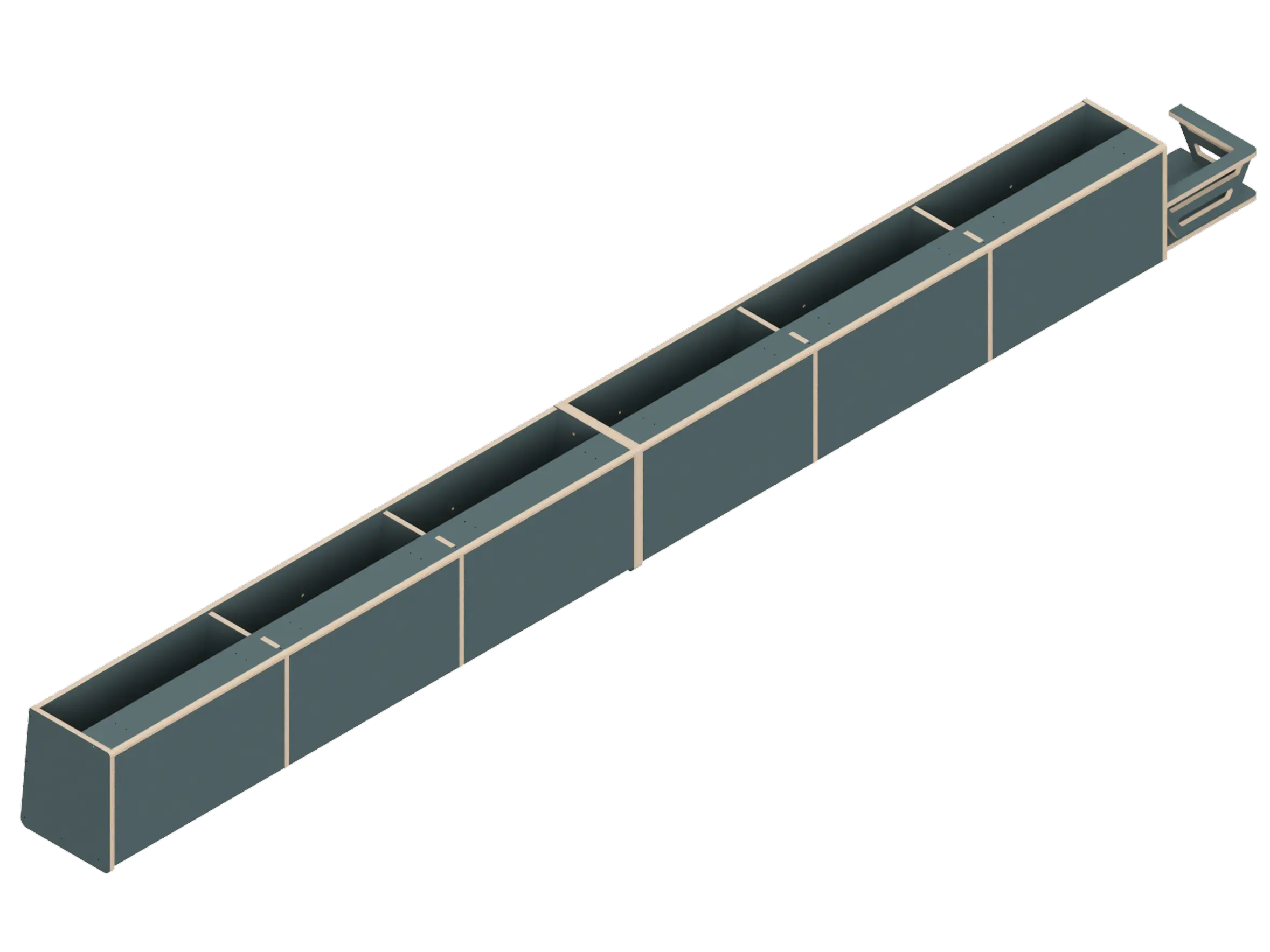 Isometric line drawing of The Vansmith DIY Full Length Upper Cabinet for Transit 148E: a rectangular Baltic Birch plywood unit with four open-top compartments, vertical dividers, and included mounting kit for easy assembly.