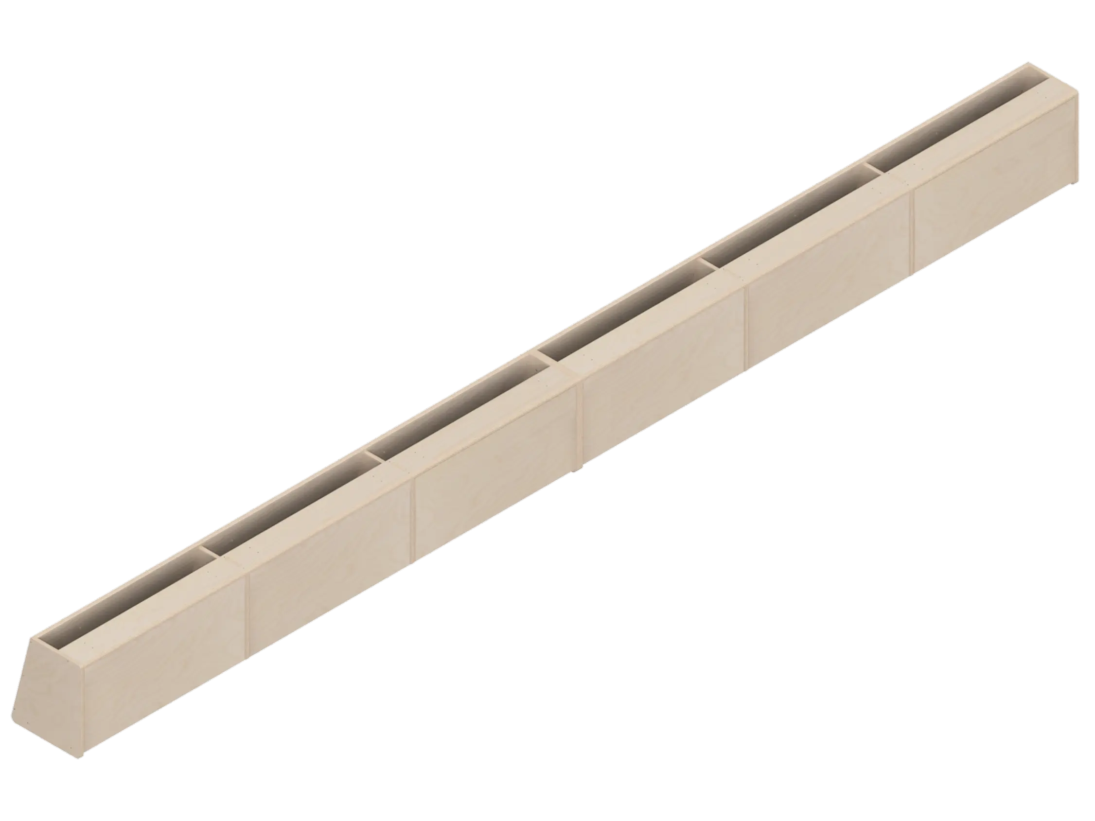 Isometric line drawing of a long, rectangular, segmented metal beam—like those used in The Vansmith DIY Full Length upper cabinet for Sprinter 170—with supporting plates and bolt holes, viewed from above and the side.