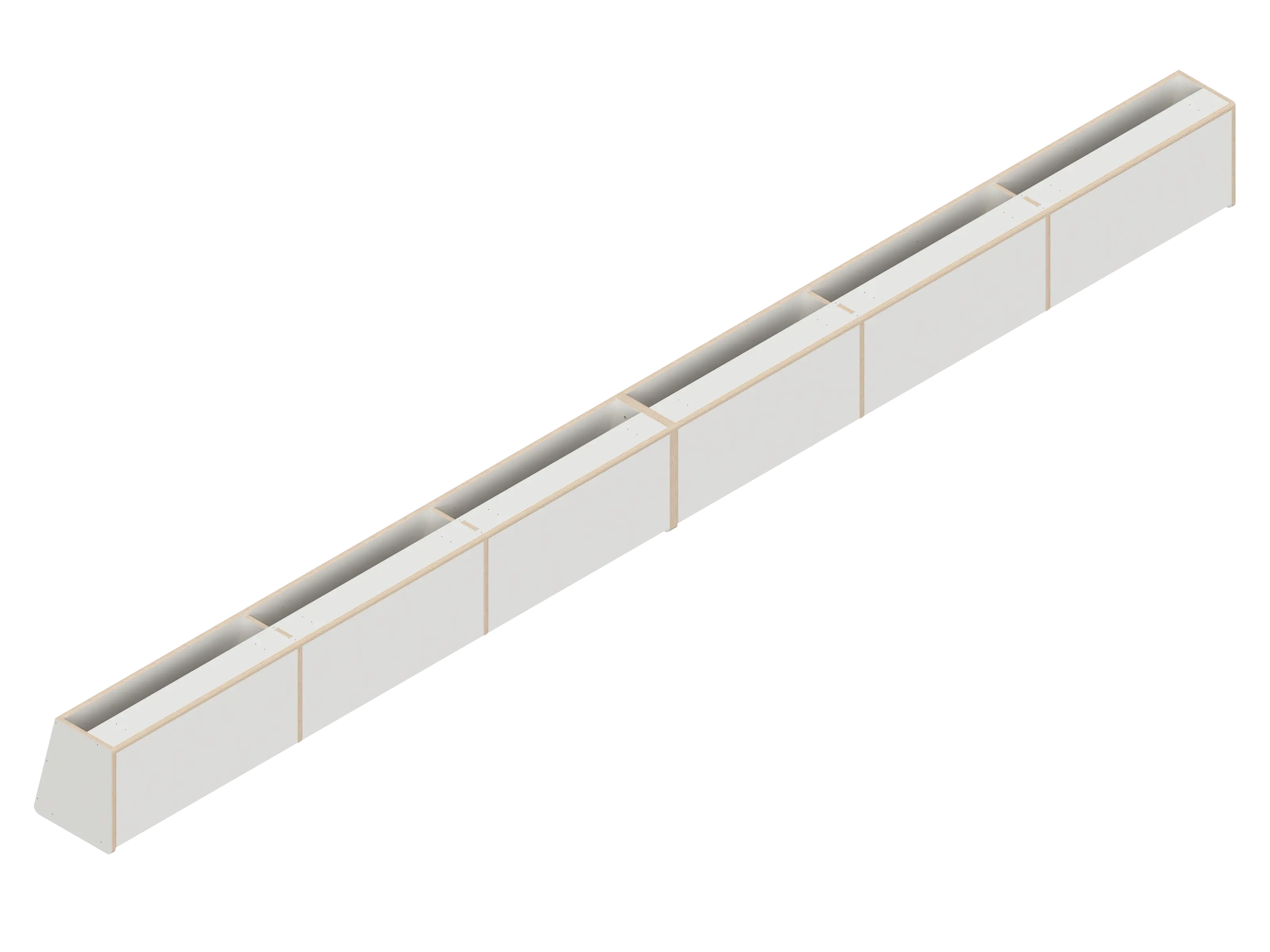 Isometric line drawing of a long, rectangular, segmented metal beam—like those used in The Vansmith DIY Full Length upper cabinet for Sprinter 170—with supporting plates and bolt holes, viewed from above and the side.