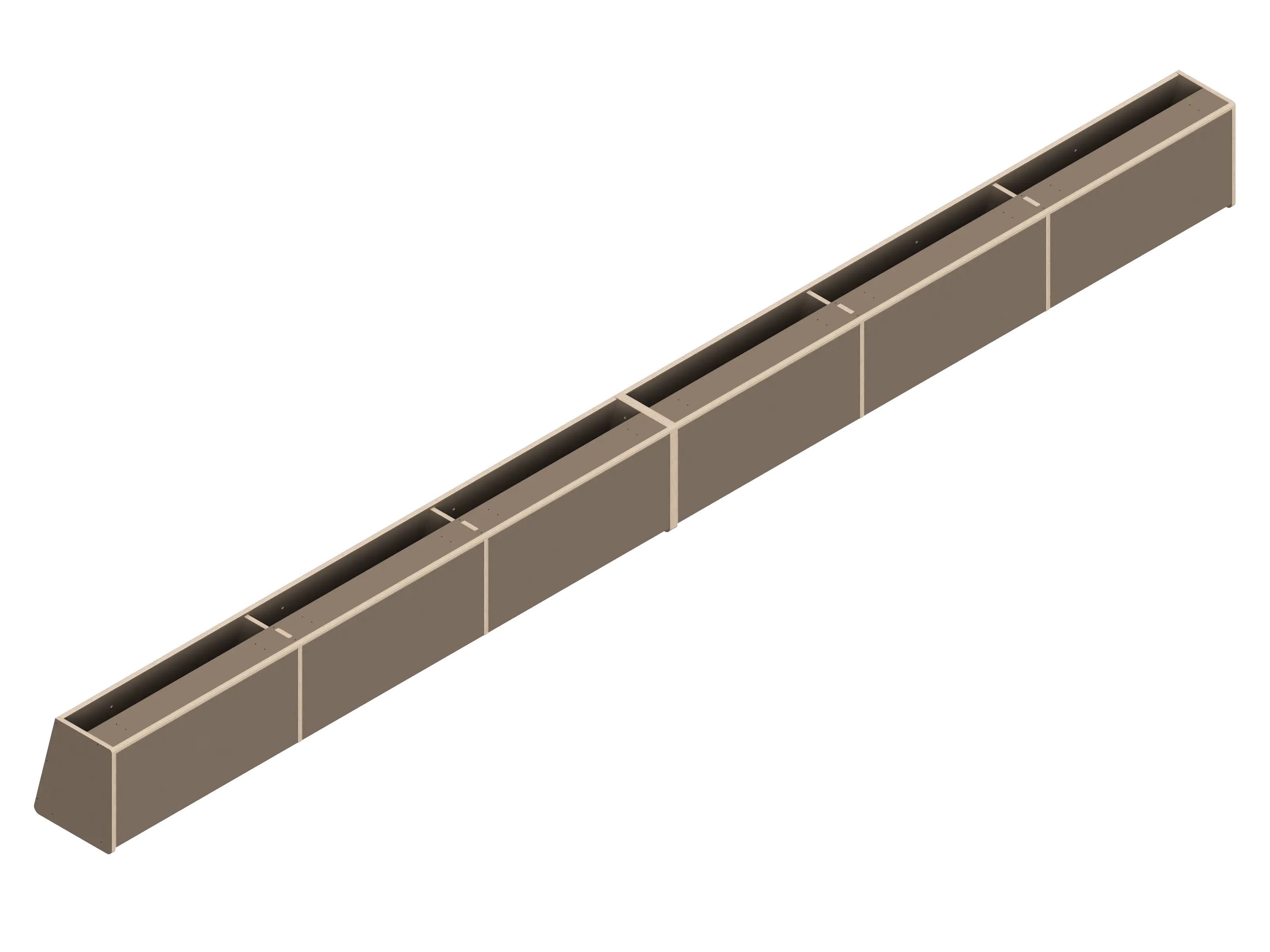 Isometric line drawing of a long, rectangular, segmented metal beam—like those used in The Vansmith DIY Full Length upper cabinet for Sprinter 170—with supporting plates and bolt holes, viewed from above and the side.