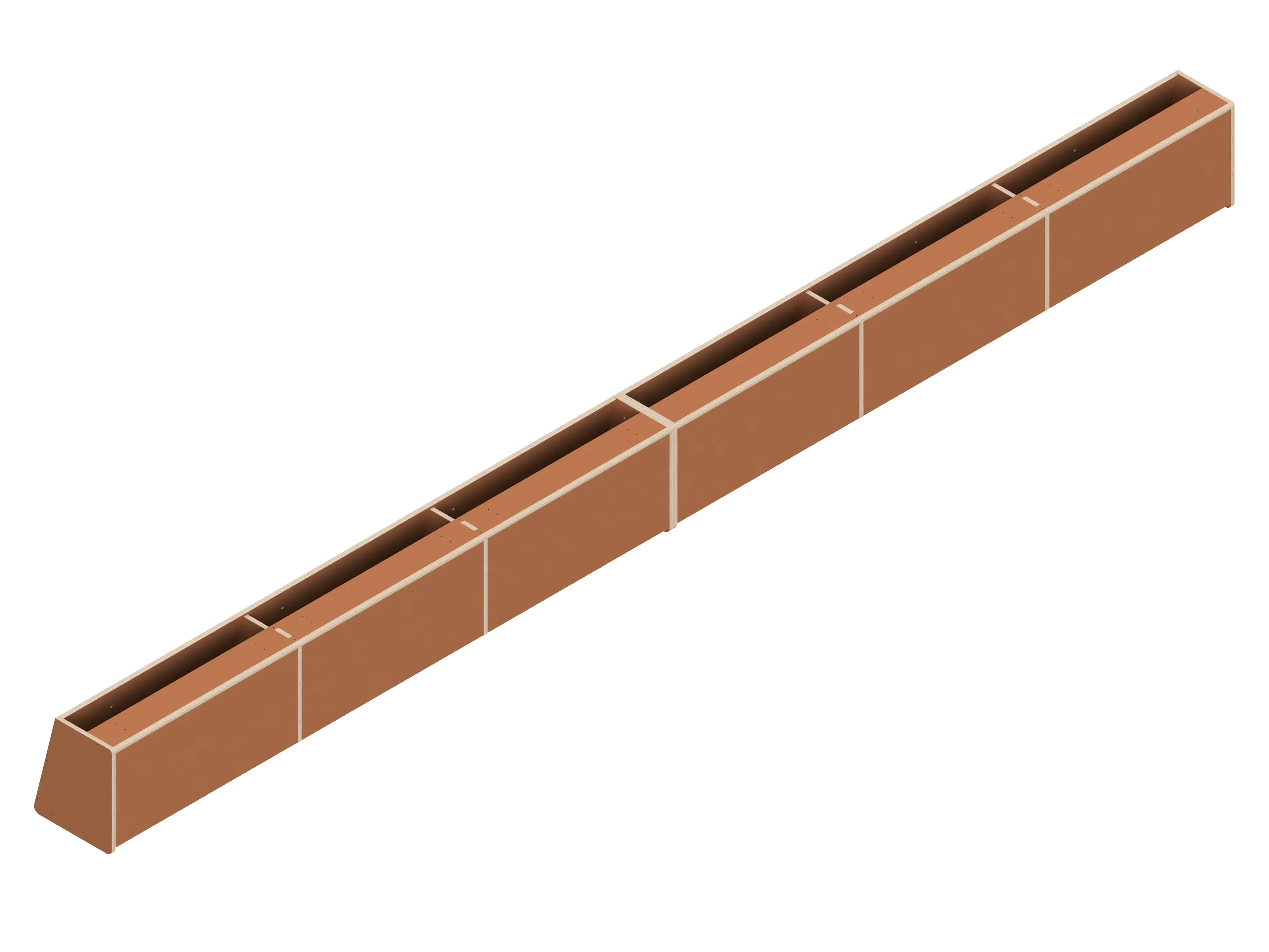 Isometric line drawing of a long, rectangular, segmented metal beam—like those used in The Vansmith DIY Full Length upper cabinet for Sprinter 170—with supporting plates and bolt holes, viewed from above and the side.