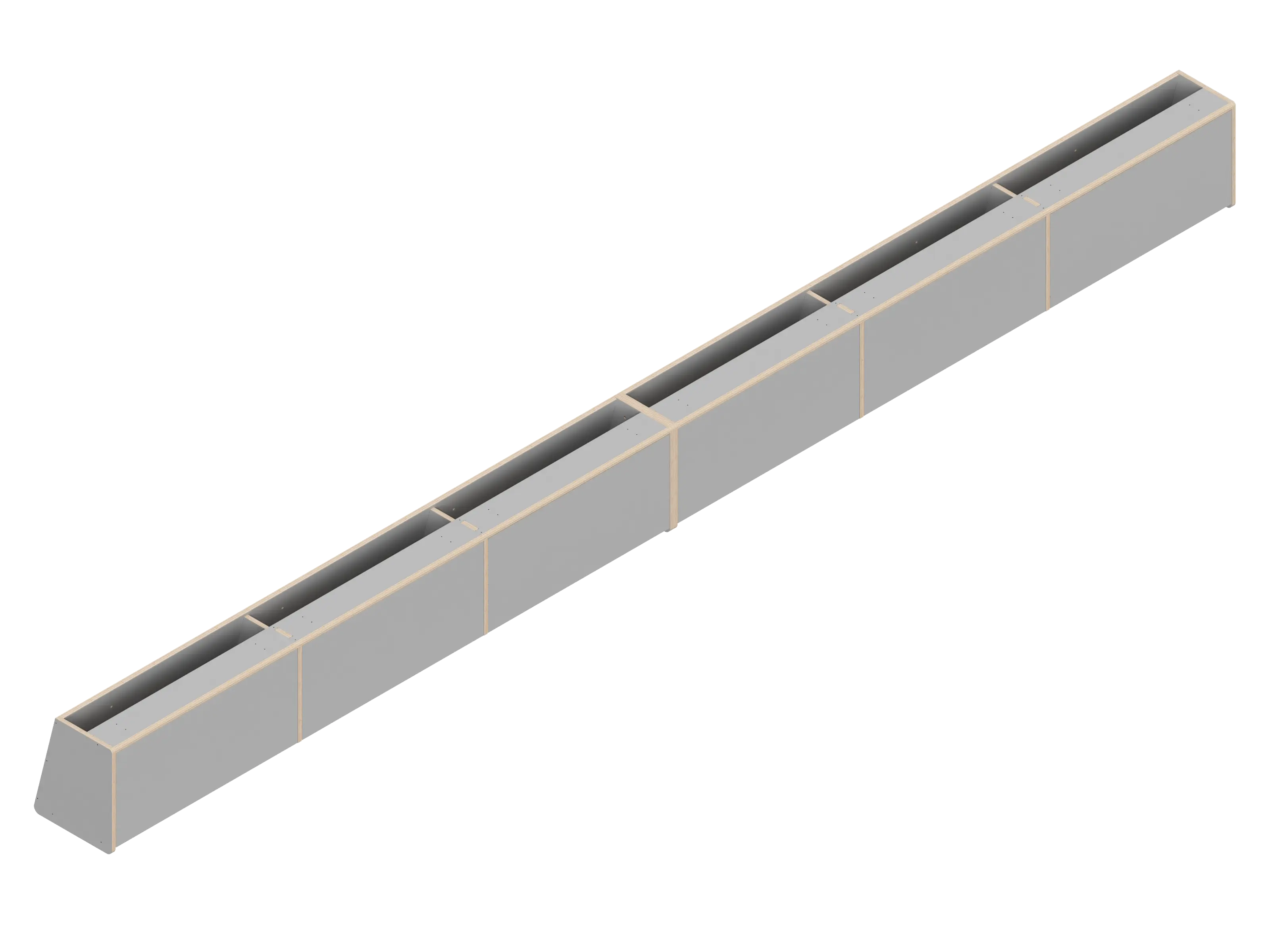 Isometric line drawing of a long, rectangular, segmented metal beam—like those used in The Vansmith DIY Full Length upper cabinet for Sprinter 170—with supporting plates and bolt holes, viewed from above and the side.