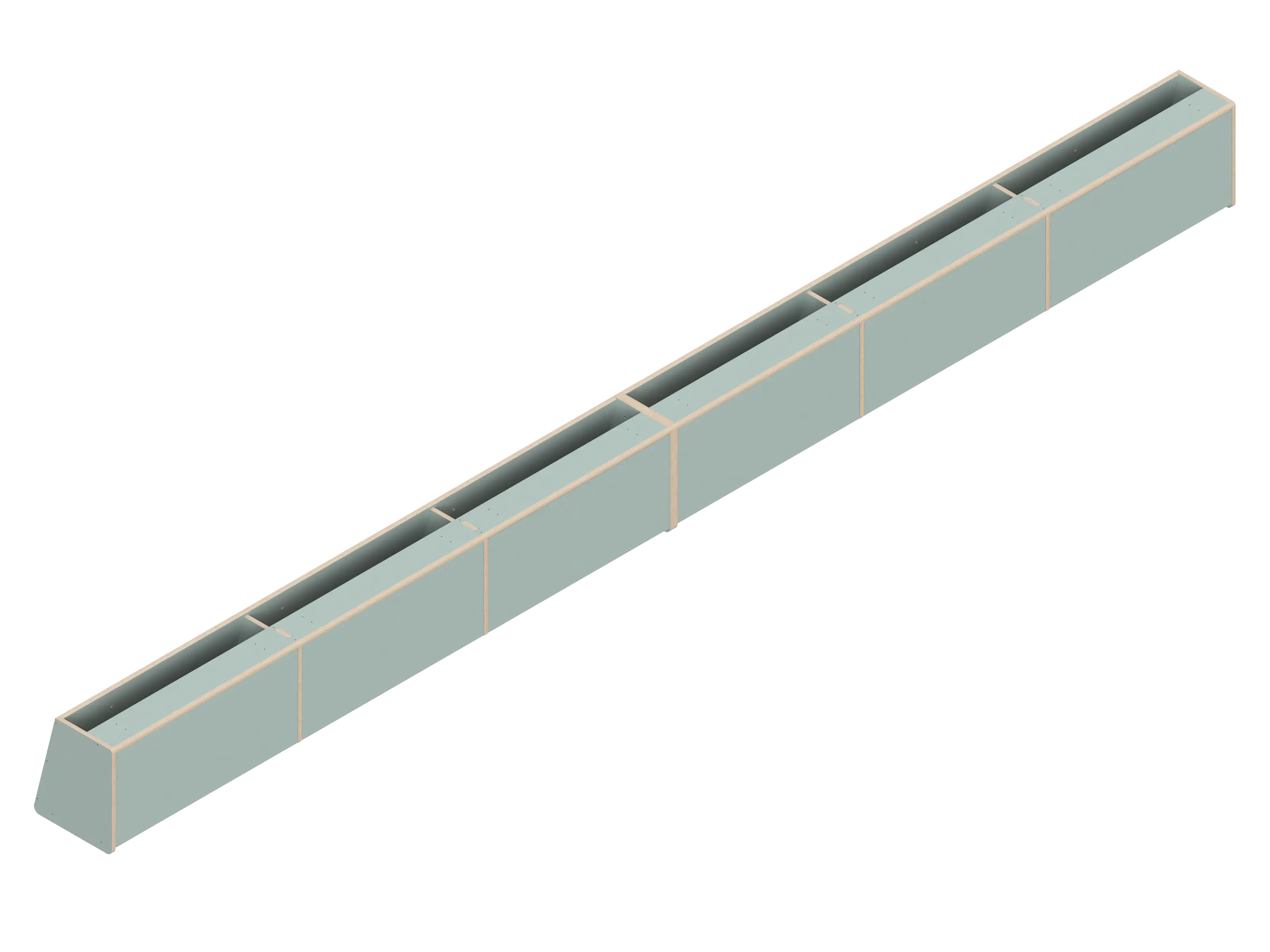 Isometric line drawing of a long, rectangular, segmented metal beam—like those used in The Vansmith DIY Full Length upper cabinet for Sprinter 170—with supporting plates and bolt holes, viewed from above and the side.