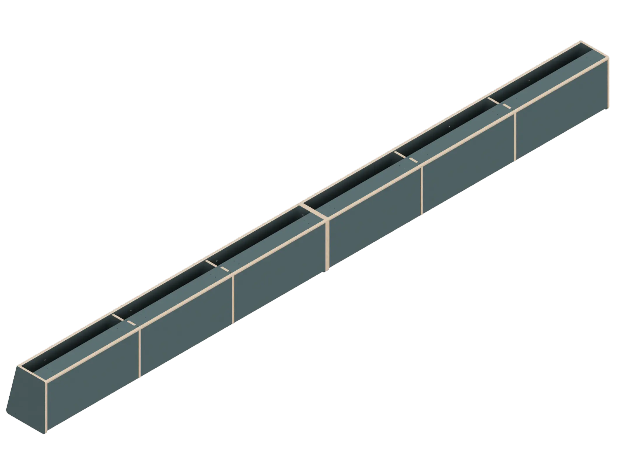 Isometric line drawing of a long, rectangular, segmented metal beam—like those used in The Vansmith DIY Full Length upper cabinet for Sprinter 170—with supporting plates and bolt holes, viewed from above and the side.