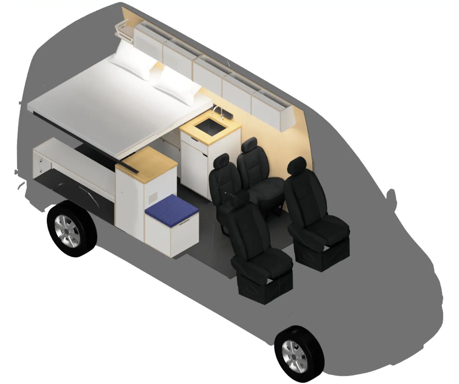 Layout of The Vansmith Family Sprinter 144 / Ford Transit 148 Conversion Van for 3 to 5 People